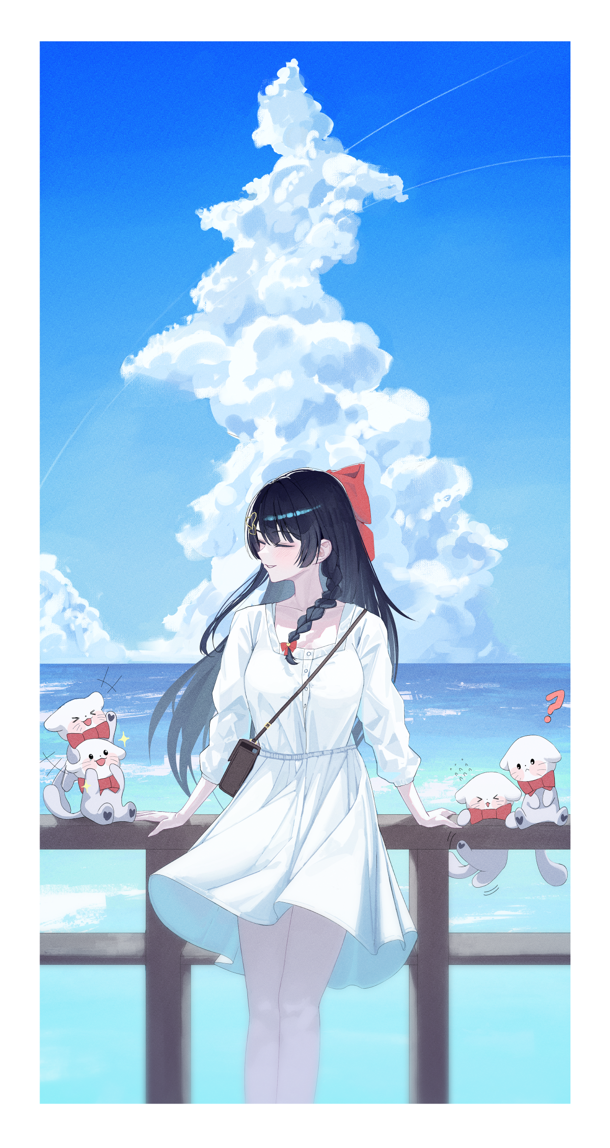 nyo2 ng, shirayuki hina, stellive, commentary, highres, 1girl, against railing, bag, black hair, blue sky, border, bow, braid, closed eyes, cloud, collarbone, day, dress, feet out of frame, floating hair, haedungi (shirayuki hina), hair bow, hair ornament, hair over shoulder, heart, heart hair ornament, long hair, long sleeves, medium dress, ocean, outdoors, parted lips, railing, red bow, shoulder bag, side braid, sidelocks, sky, smile, standing, straight hair, virtual youtuber, white border, white dress