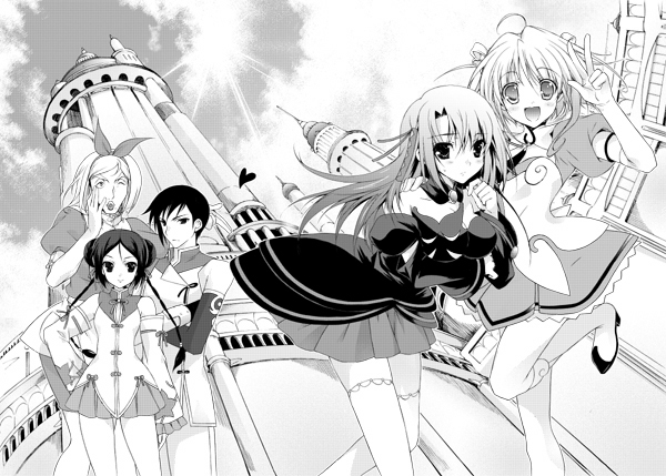 higa yukari, ascoeur, q-feuille, tweedledee (wonderland), tweedledum (kiddy grade), tweedledum (wonderland), kiddy girl-and, kiddy grade, 00s, 2boys, 3girls, ahoge, bent over, blush, building, dress, greyscale, long hair, looking at viewer, monochrome, multiple boys, multiple girls, tareme, thighhighs, tower, very long hair, zettai ryouiki