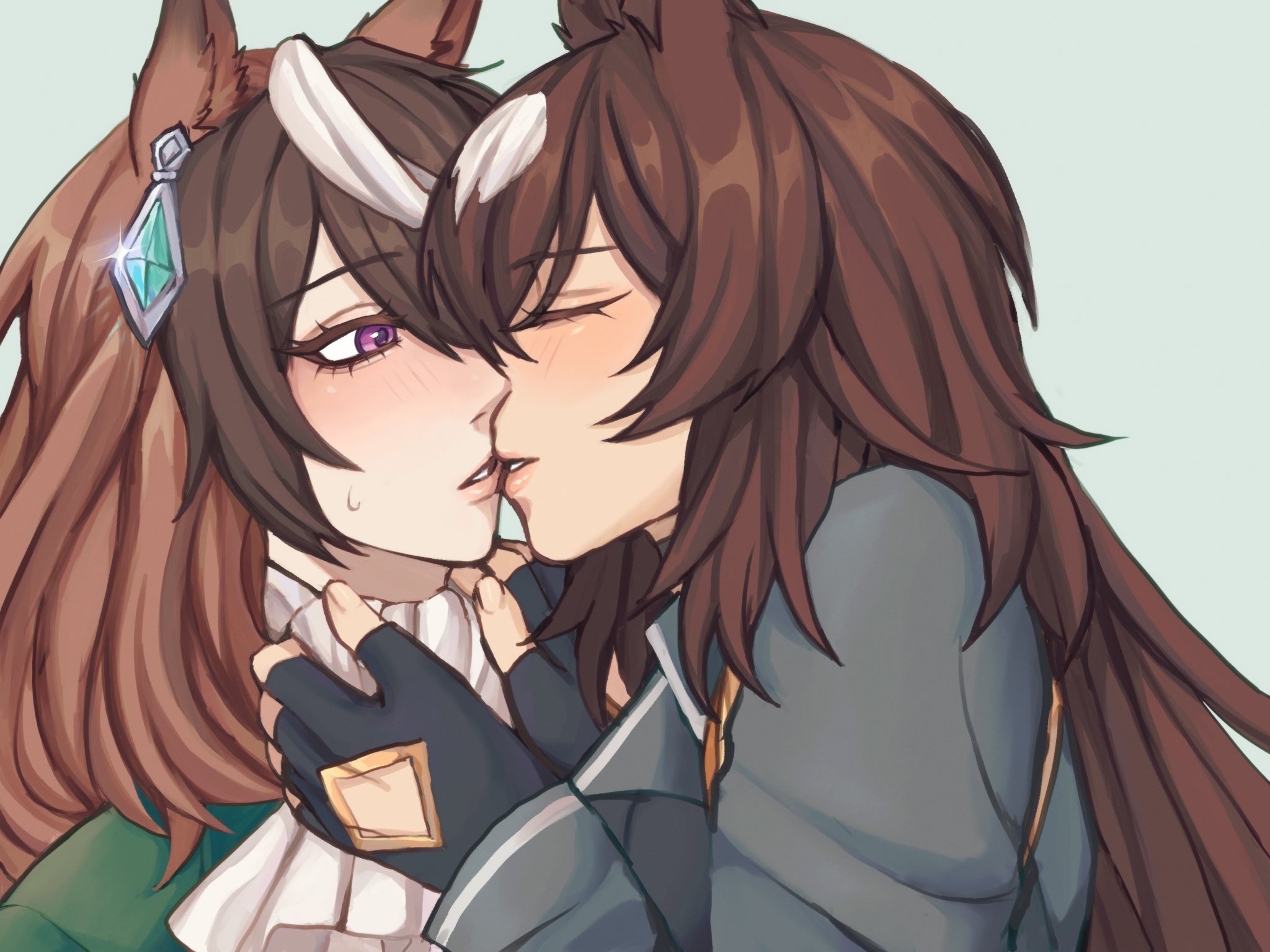 sunny pretzel, sirius symboli (umamusume), symboli rudolf (umamusume), umamusume, commentary, english commentary, highres, 2girls, animal ears, black gloves, blue background, brown hair, closed eyes, fingerless gloves, gloves, grey jacket, horse ears, horse girl, jacket, kiss, long hair, multiple girls, parted lips, purple eyes, simple background, upper body, white streaks, yuri