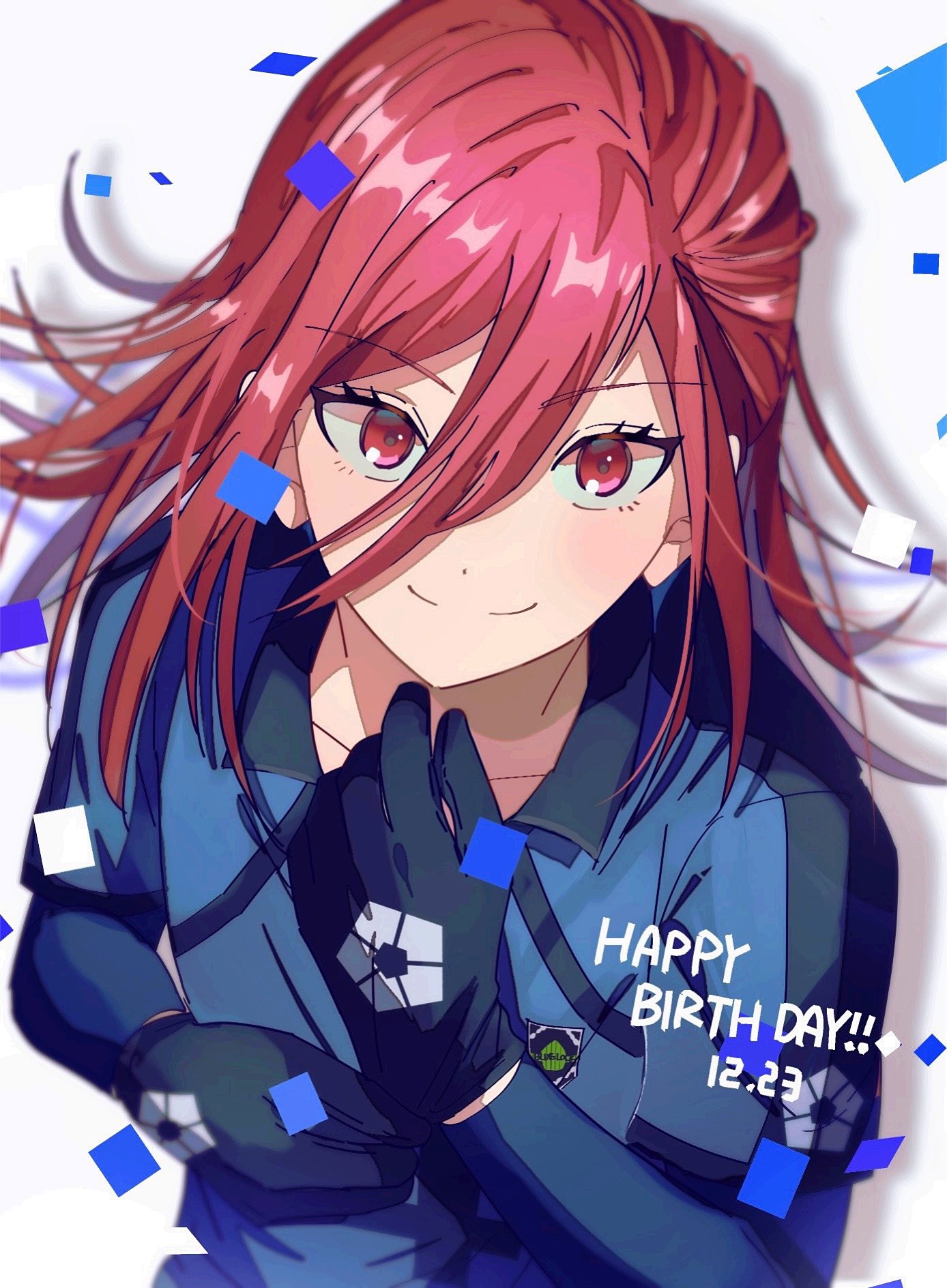 mma runn, chigiri hyoma, blue lock, commentary request, highres, 1boy, closed mouth, confetti, gloves, hair between eyes, happy birthday, male focus, red eyes, red hair, simple background, smile, soccer uniform, solo, sportswear, upper body, white background