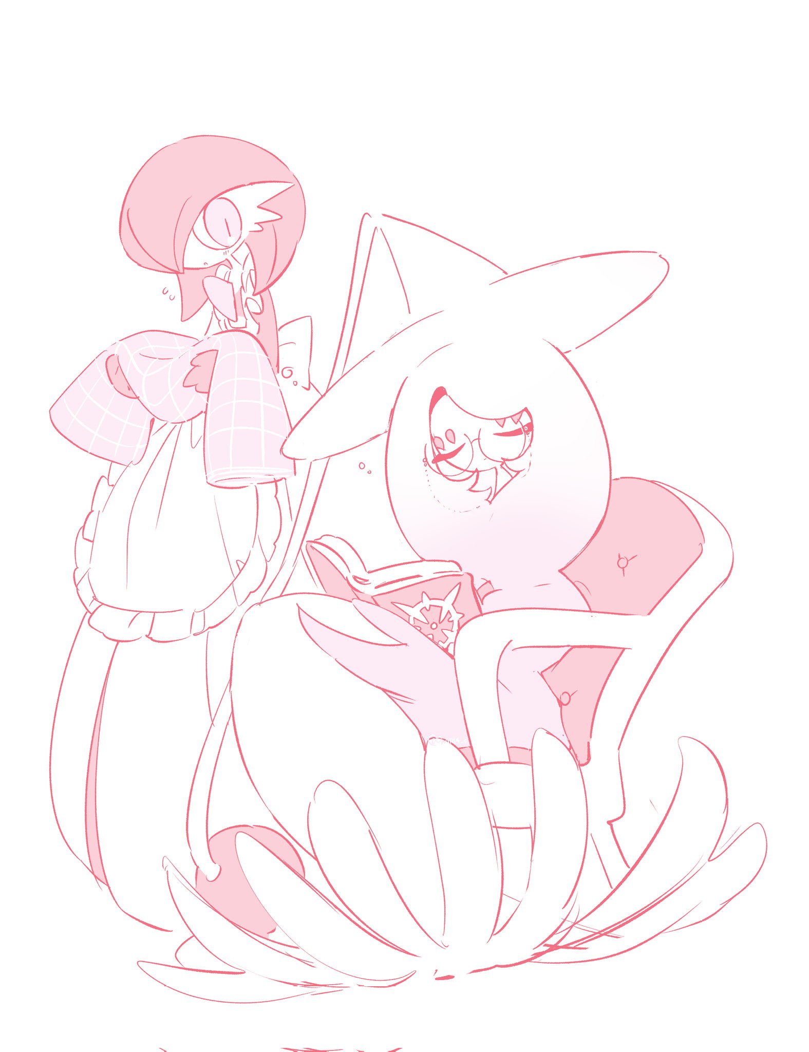 sok (mr14 c), gardevoir, hatterene, nintendo, pokemon, highres, apron, bob cut, book, chair, closed eyes, gen 3 pokemon, gen 8 pokemon, hair over one eye, hat, monochrome, on chair, pokemon (creature), simple background, sitting, white background, witch hat