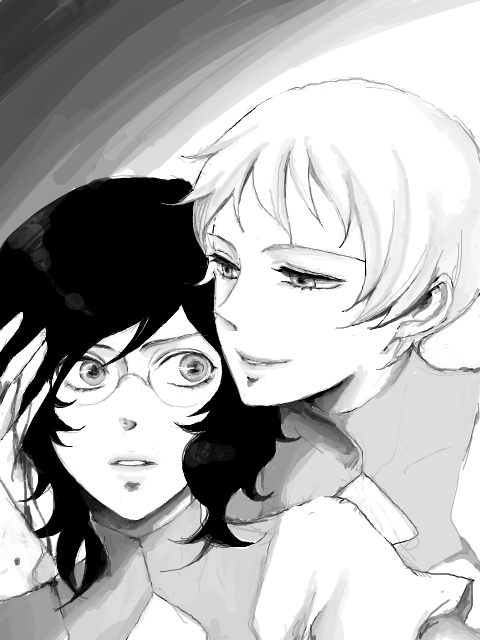 memessa, regene regetta, ribbons almark, gundam, gundam 00, bad id, bad pixiv id, 00s, 2boys, glasses, greyscale, holding, innovators (gundam 00), male focus, monochrome, multiple boys