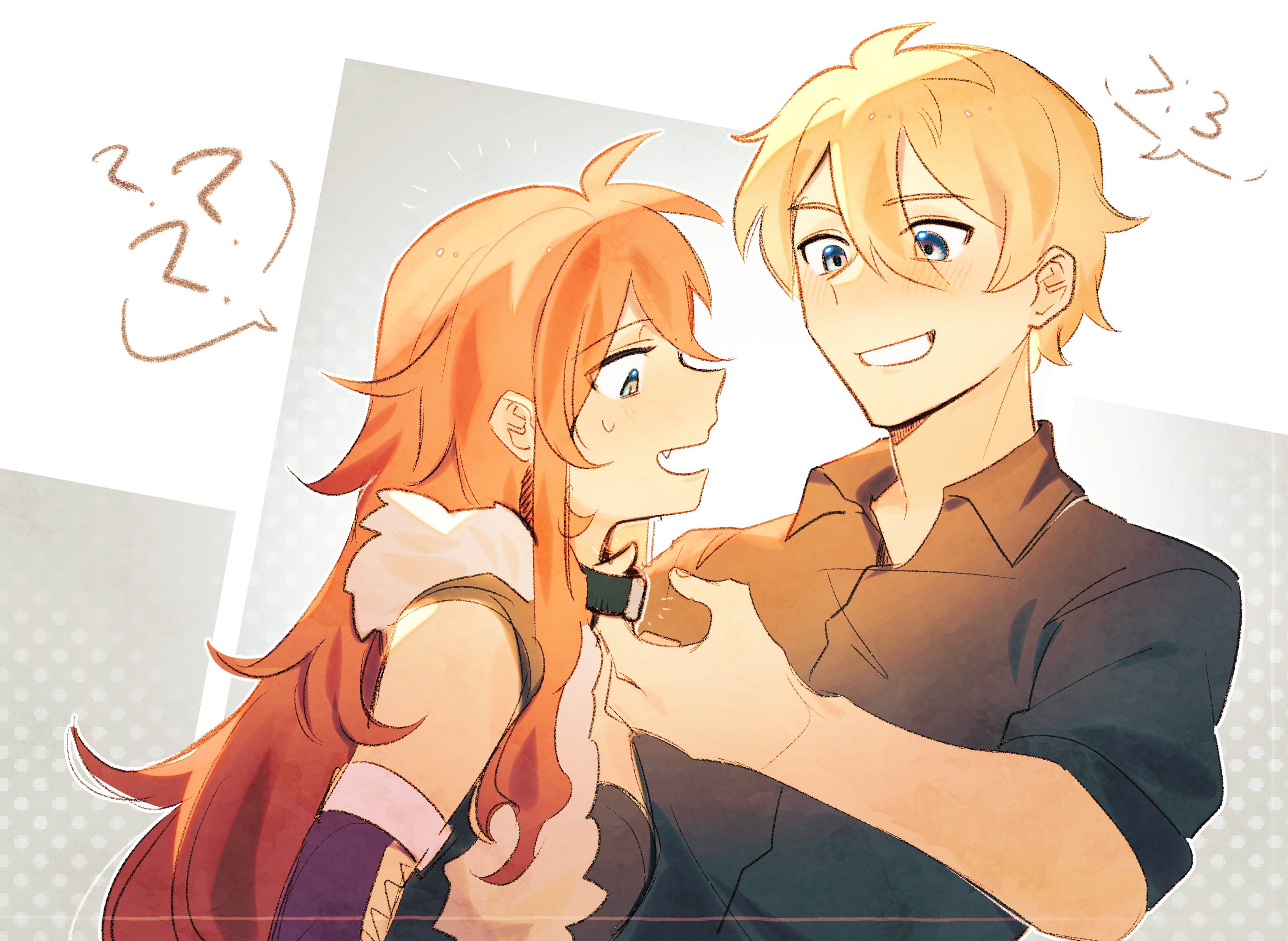 leorlontyan, cedric reise arnor, shirley orlando, eiyuu densetsu, hajimari no kiseki, absurdres, commentary, english commentary, highres, 1boy, 1girl, blonde hair, blue eyes, double-parted bangs, hair between eyes, long hair, open mouth, red hair, short hair, sidelocks, smile, speech bubble, sweatdrop, upper body