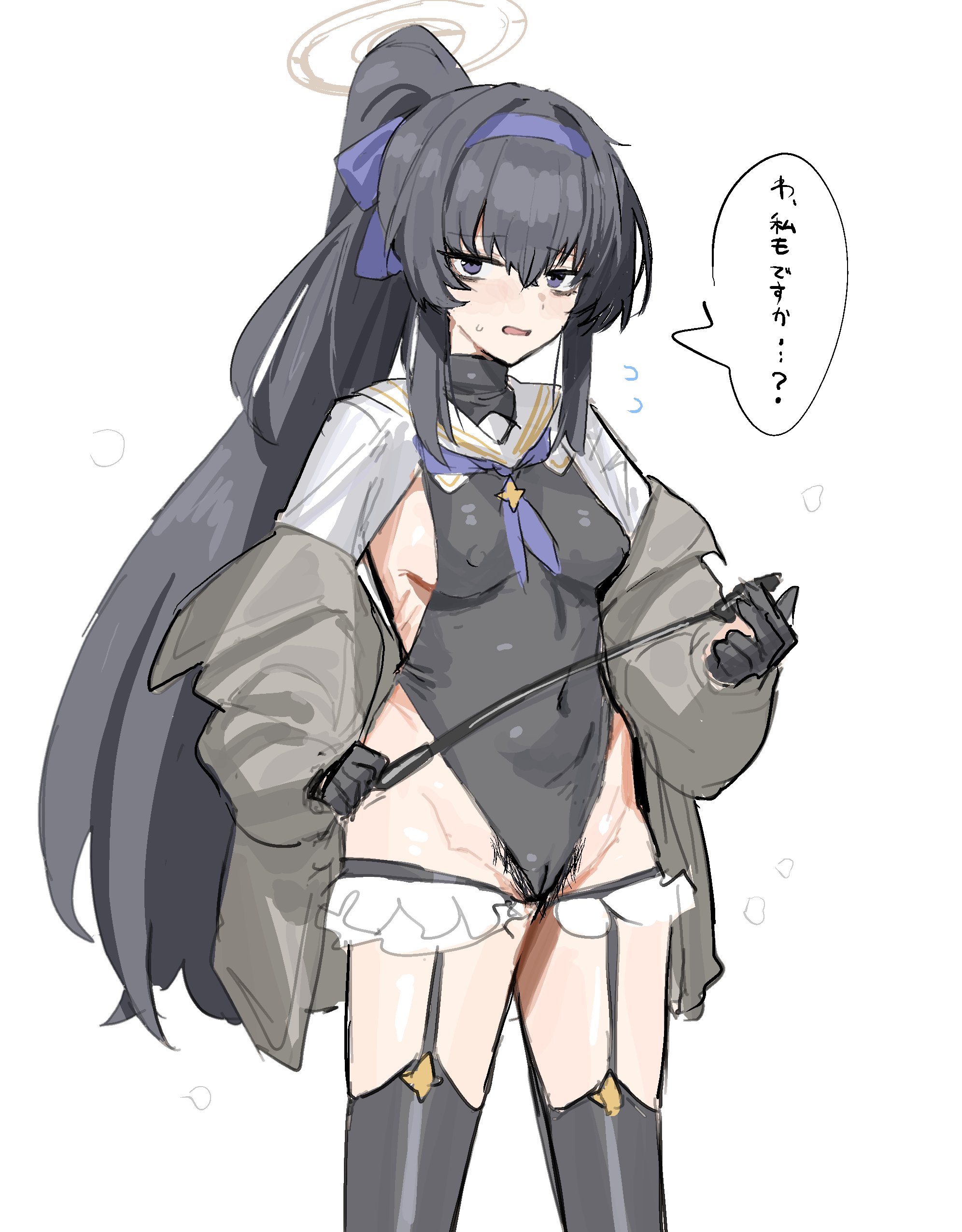 horn/wood, shimiko (blue archive), ui (blue archive), blue archive, absurdres, highres, 1girl, alternate hairstyle, bags under eyes, black gloves, black hair, black leotard, bow, cameltoe, cosplay, covered erect nipples, female pubic hair, gloves, hair bow, hairband, half gloves, halo, holding, holding riding crop, leotard, long hair, long sleeves, ponytail, pubic hair, riding crop, shimiko (blue archive) (cosplay), shimiko (magical) (blue archive), shrug (clothing), solo, thighhighs