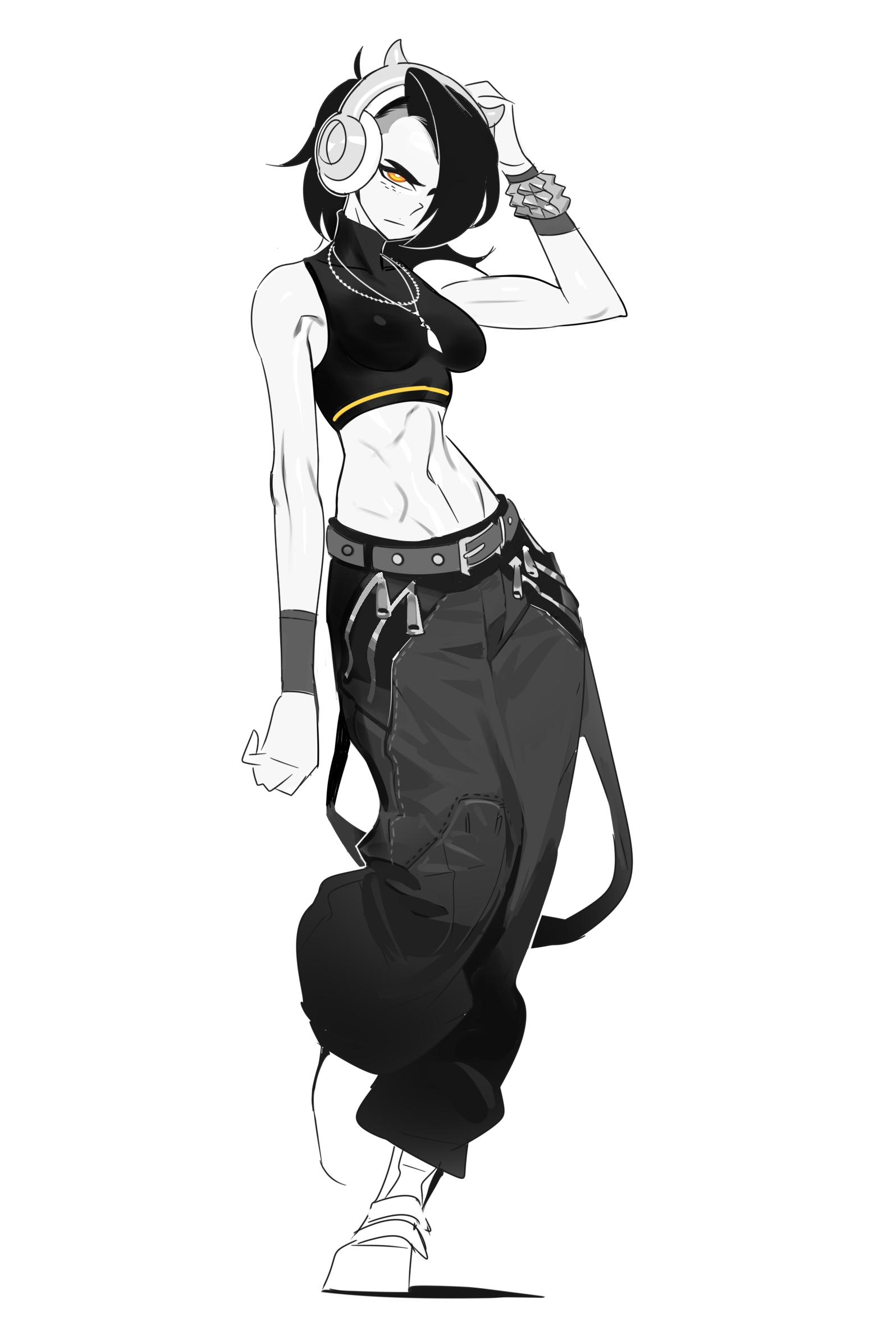 aierlaobo, the coffin of andy and leyley, highres, 1girl, abs, baggy pants, bare shoulders, belt, black hair, bracelet, breasts, closed mouth, crop top, full body, greyscale, headphones, horns, jane (the coffin of andy and leyley), jewelry, looking at viewer, medium breasts, midriff, monochrome, multicolored hair, navel, pants, simple background, sleeveless, solo, sports bra, standing, standing on one leg, stomach, streaked hair, tomboy, two-tone hair, white background, wristband, yellow eyes