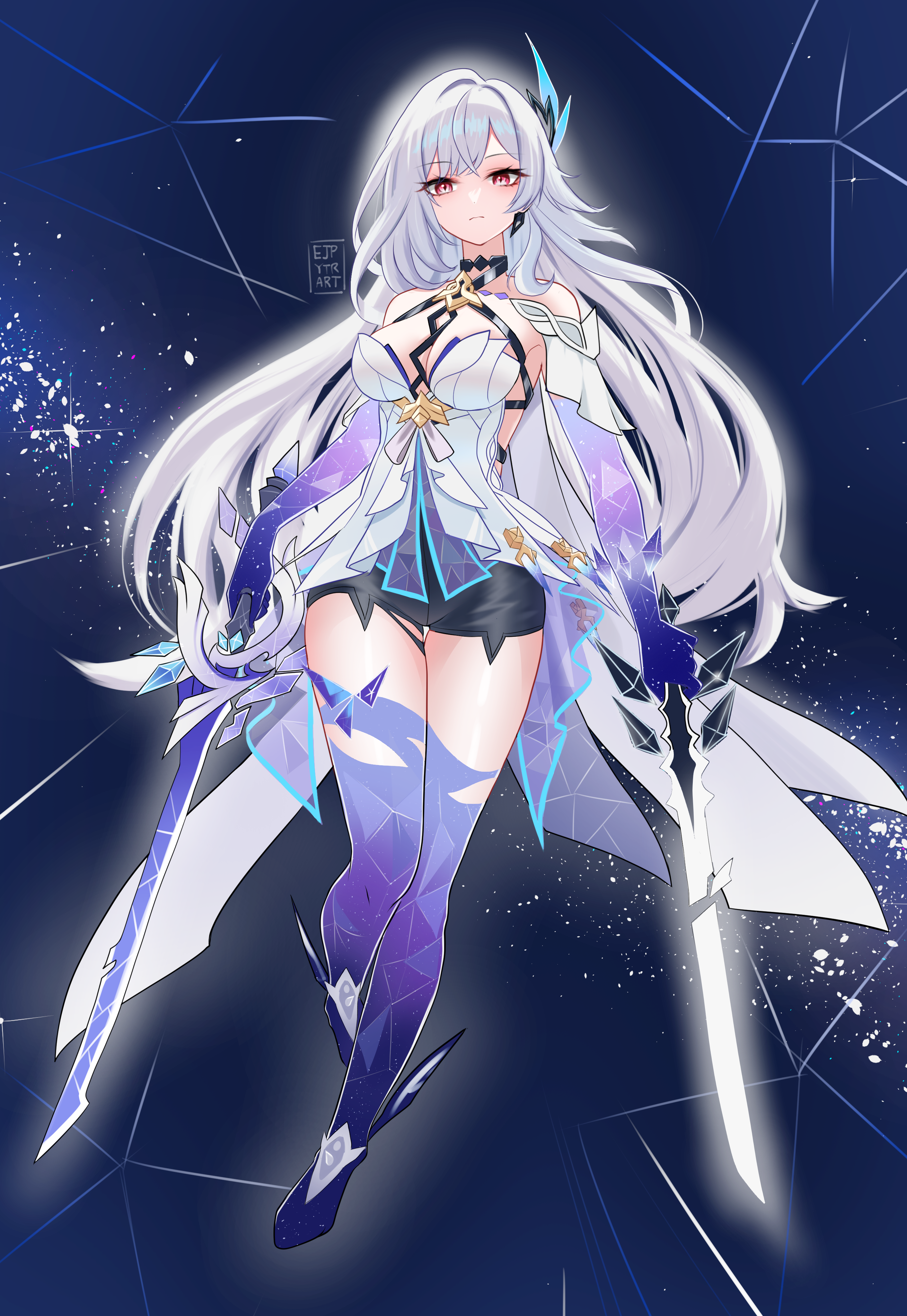 ejpytr, skirk (genshin impact), genshin impact, absurdres, commentary request, highres, revision, 1girl, azurelight (genshin impact), black shorts, breasts, cleavage, dress, dual wielding, holding, holding sword, holding weapon, large breasts, long hair, prosthesis, prosthetic arm, prosthetic leg, shorts, sky, solo, space, star (sky), starry sky, sword, very long hair, weapon, white dress, white hair