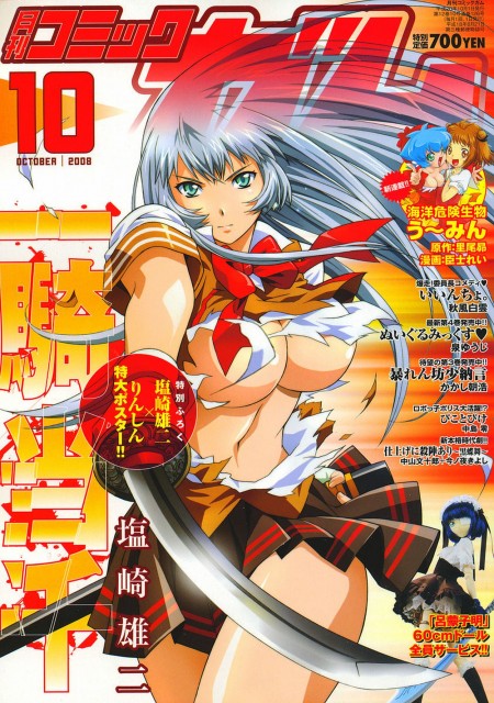 rin-sin, chouun shiryuu, ryomou shimei, ikkitousen, ikkitousen great guardians, 00s, 4girls, aiming, aiming at viewer, aqua eyes, blood, blood splatter, bow, bowtie, breasts, censored, cleavage, convenient censoring, copyright name, cover, cowboy shot, dated, fighting stance, figure, fingerless gloves, floating hair, foreshortening, glint, gloves, grey hair, holding, holding weapon, katana, large breasts, long hair, looking at viewer, magazine cover, miniskirt, multiple girls, navel, no bra, outstretched arm, pleated skirt, school uniform, serious, sheath, shirt, short sleeves, skirt, sleeve cuffs, solo focus, standing, sword, text focus, torn clothes, torn shirt, underboob, unsheathed, very long hair, vest, weapon, white gloves