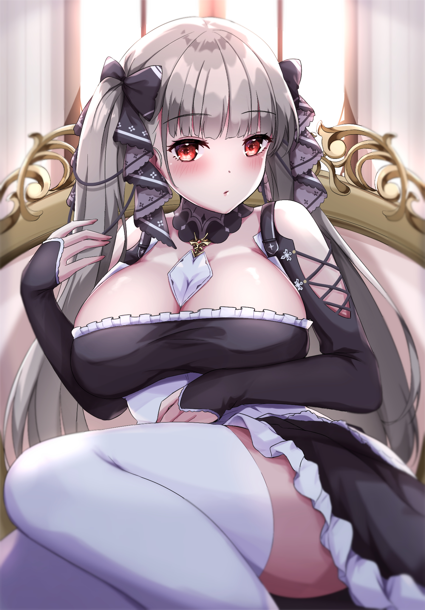 lius, formidable (azur lane), azur lane, commentary request, highres, 1girl, bare shoulders, between breasts, black dress, breasts, cleavage, clothing cutout, detached collar, dress, feet out of frame, frilled dress, frills, grey hair, indoors, large breasts, long hair, long sleeves, looking at viewer, necktie, necktie between breasts, red eyes, ribbon, shoulder cutout, solo, thighhighs, twintails, two-tone dress, two-tone ribbon, very long hair, white thighhighs