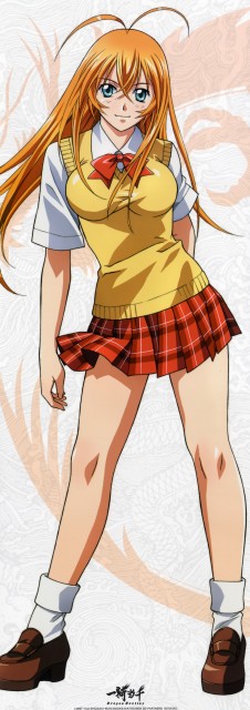 sonsaku hakufu, ikkitousen, official art, 00s, 1girl, antenna hair, blue eyes, blush, bow, bowtie, breasts, clothes lift, female focus, large breasts, legs, loafers, long hair, orange hair, plaid clothes, plaid skirt, pleated skirt, red skirt, school uniform, shoes, skirt, skirt lift, smile, socks, solo, standing, sweater vest, vest, white socks, wind, wind lift