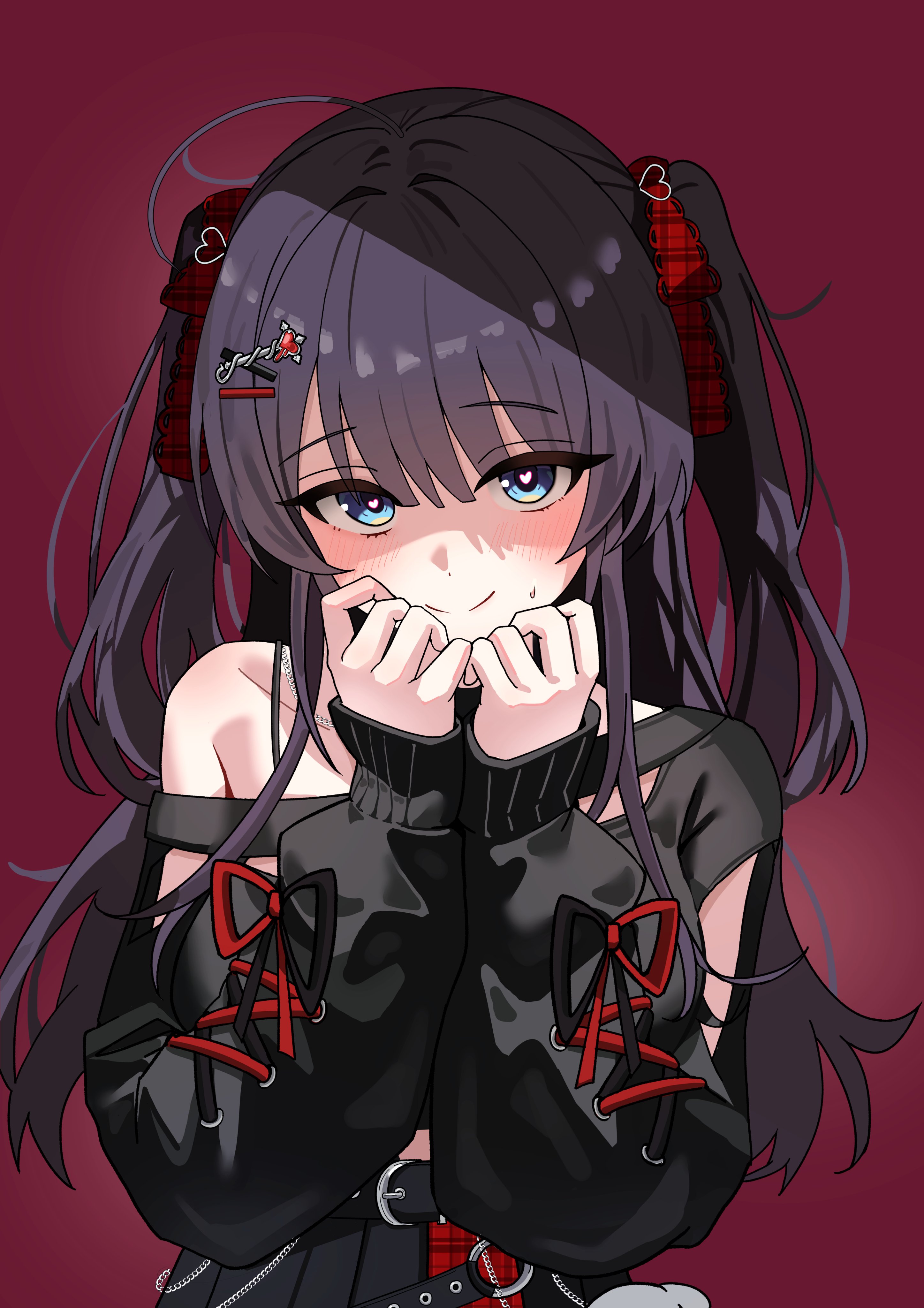 tay (cdjk7758), shirayuki hina, stellive, absurdres, hashtag-only commentary, highres, 1girl, ahoge, belt, belt buckle, black belt, black hair, black skirt, black sweater, blue eyes, blush, bright pupils, buckle, chain, closed mouth, collarbone, cross-laced clothes, cross-laced sleeves, hair ornament, hair ribbon, hairclip, hands up, heart, heart-shaped pupils, heart hair ornament, long hair, long sleeves, off-shoulder sweater, off shoulder, plaid ribbon, pleated skirt, red background, red ribbon, ribbon, skirt, smile, solo, split mouth, straight-on, sweat, sweater, symbol-shaped pupils, two side up, upper body, virtual youtuber, white pupils