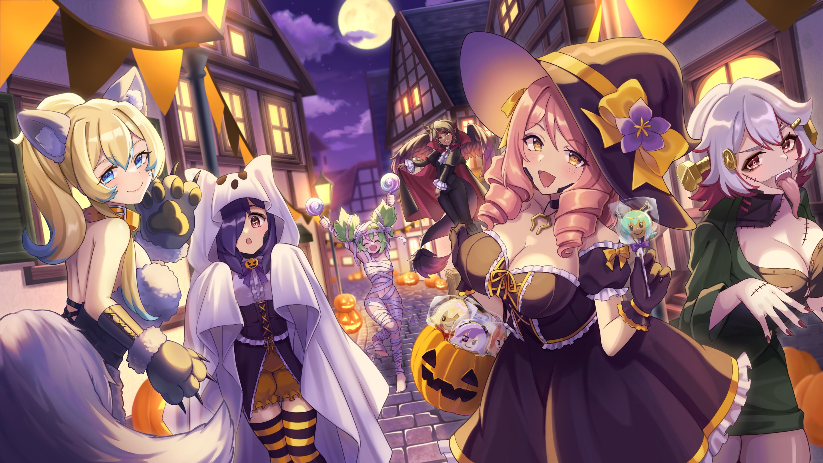 yumeha tseru, ceru foxhound, mara vespidae, phyla einrose, quetzu solscale, sinthya sanguine, willo wildfire, vallure, highres, 6+girls, animal collar, animal costume, animal ear fluff, animal ears, animal hands, ascot, barefoot, black choker, black dress, black gloves, black hair, black hat, black thighhighs, blonde hair, blue eyes, blue hair, bow, breasts, building, bunting, buttons, center frills, character-themed food, choker, cleavage, closed eyes, closed mouth, cloud, collar, dress, drill hair, flower, frilled dress, frills, full moon, fur trim, ghost costume, gloves, green dress, grey hair, hair over one eye, hat, hat bow, hat flower, holding, holding shell, jack-o'-lantern, jack-o'-lantern brooch, jewelry, long hair, long sleeves, long tongue, moon, multicolored hair, multiple girls, mummy costume, navel, necklace, night, night sky, open mouth, orange collar, orange thighhighs, ponytail, purple bow, purple flower, red eyes, red hair, screw hair ornament, shell, sky, smile, stitched chest, stitched face, stitched hand, stitches, streaked hair, striped clothes, striped thighhighs, symbol-shaped pupils, tail, thighhighs, tongue, tongue out, two-tone thighhighs, vampire costume, white ascot, witch hat, wolf costume, yellow bow, yellow eyes
