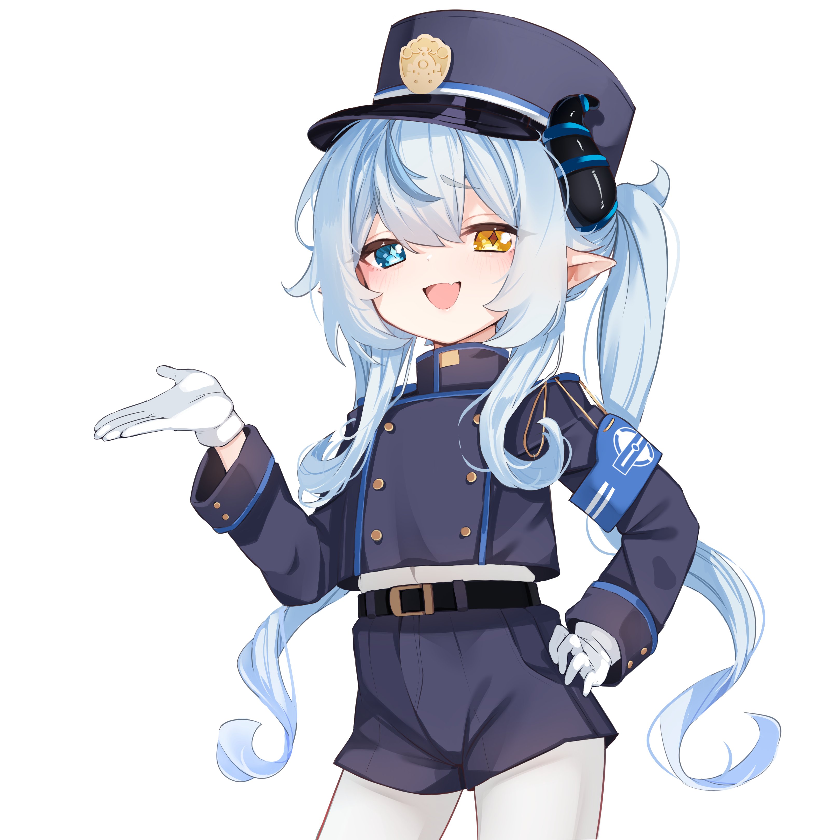 nean black, akugaki koa, nozomi (blue archive), blue archive, chromashift, absurdres, alt text, commentary, english commentary, highres, second-party source, 1girl, :d, armband, belt, belt buckle, black belt, black horns, blue armband, blue eyes, blue hair, blue hat, blue jacket, blue shorts, buckle, contrapposto, cosplay, cropped jacket, demon horns, diamond-shaped pupils, diamond (shape), fang, gloves, hand on own hip, hand up, hat, heterochromia, highleg shorts, horns, jacket, light blush, long hair, looking at viewer, nozomi (blue archive) (cosplay), open mouth, pantyhose, peaked cap, pointy ears, short shorts, shorts, skin fang, smile, smug, symbol-shaped pupils, train conductor, turtleneck, turtleneck jacket, twintails, virtual youtuber, white gloves, white pantyhose, yellow eyes