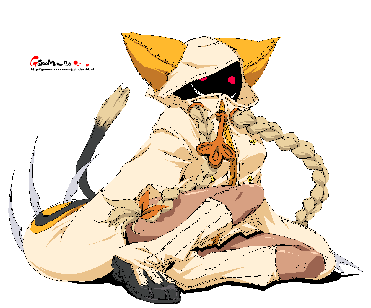 onija tarou, taokaka, arc system works, blazblue, animal ears, animal hood, blonde hair, braid, cat ears, cat hood, cat tail, claws, dark-skinned female, dark skin, grin, hood, hoodie, kneehighs, long hair, oekaki, smile, socks, solo, tail, twin braids