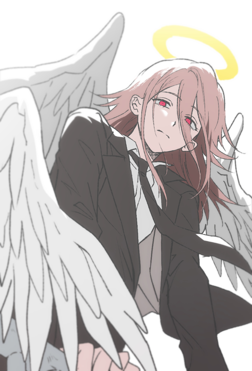 angel devil (chainsaw man), chainsaw man, highres, 1boy, angel wings, black jacket, black necktie, closed mouth, collared shirt, eyes visible through hair, feathered wings, formal clothes, from below, hair between eyes, halo, jacket, long hair, looking at viewer, male focus, necktie, open clothes, open jacket, pink hair, pom link, red eyes, shirt, simple background, solo, suit, suit jacket, traditional halo, upper body, white background, white shirt, white wings, wings