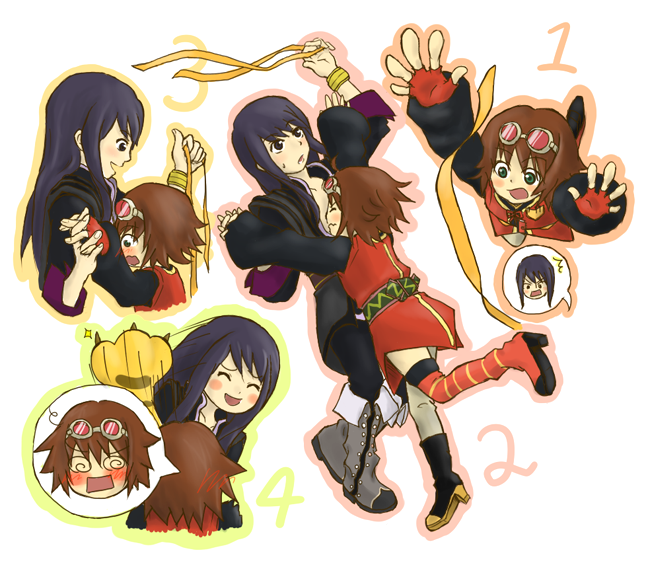 maruru (marimo811), rita mordio, yuri lowell, tales of (series), tales of vesperia, grey footwear, 00s, 1boy, 1girl, animal hands, boots, brown hair, chibi, fingerless gloves, gloves, goggles, knee boots, long hair, multiple persona, purple hair, short hair, thighhighs