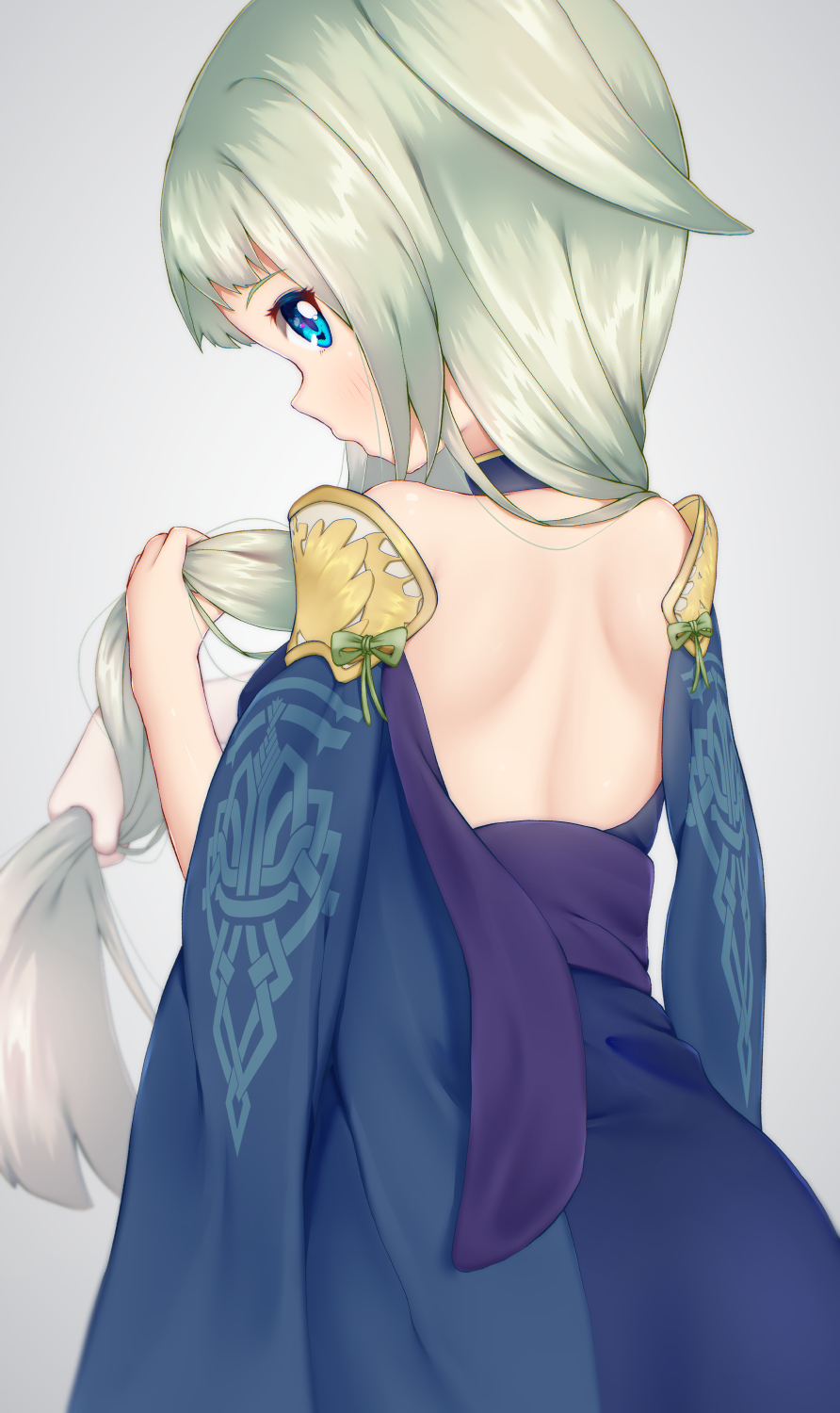 rirusu, einrain (blue protocol), blue protocol, highres, 1girl, back, backless outfit, blue eyes, dress, facing away, green hair, holding, holding own hair, long hair, simple background, solo, standing