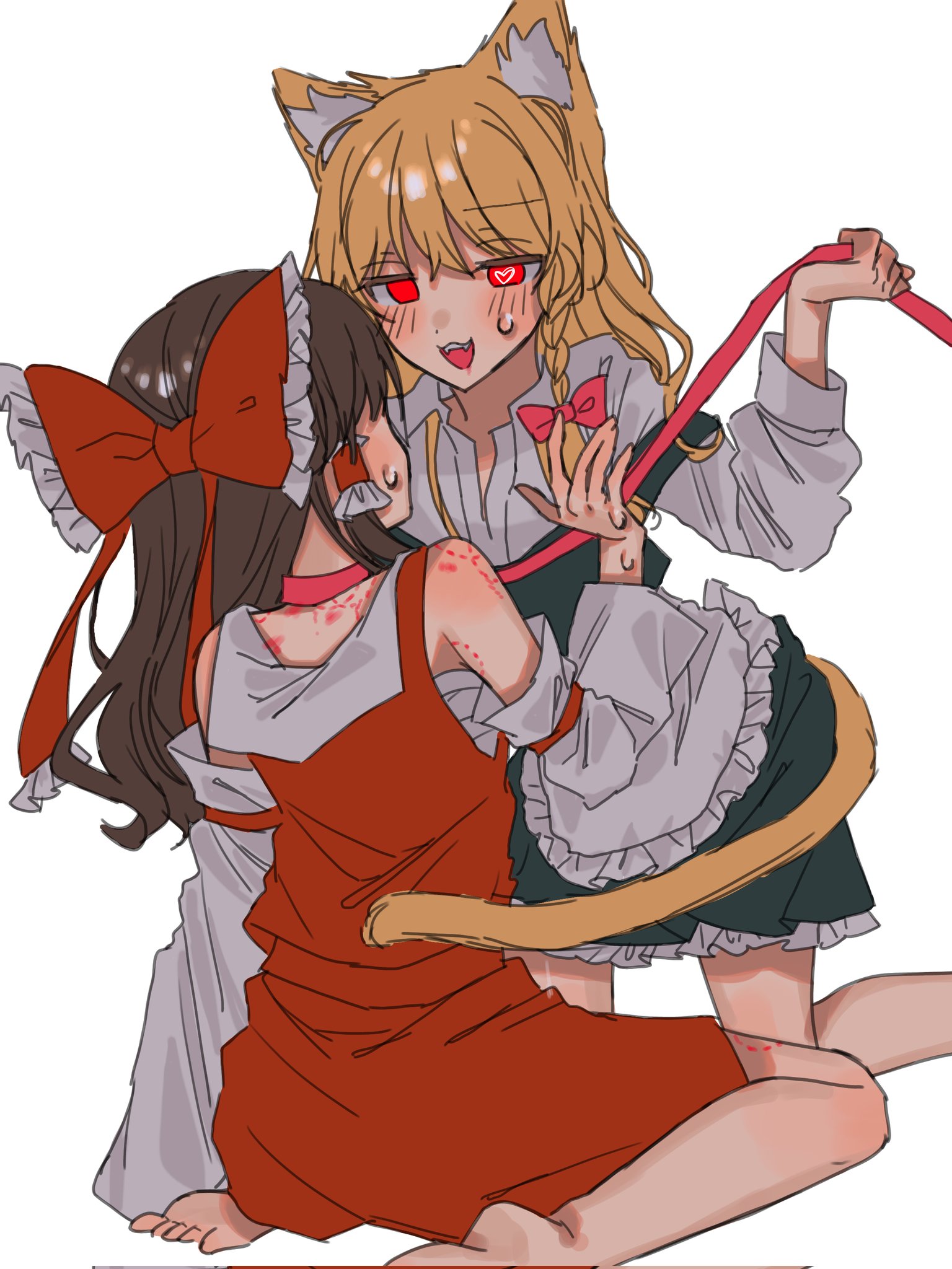 amatukimahoro, hakurei reimu, kirisame marisa, touhou, corrupted twitter file, highres, 2girls, barefoot, bite mark, bite mark on arm, bite mark on leg, bite mark on shoulder, blonde hair, blush, bow, braid, brown hair, cat girl, cat tail, detached sleeves, dress, fangs, hair bow, heart, heart-shaped pupils, kemonomimi mode, kneeling, long hair, multiple girls, open mouth, red bow, red dress, red eyes, shirt, side braid, simple background, sweat, symbol-shaped pupils, tail, white background, white shirt, yuri