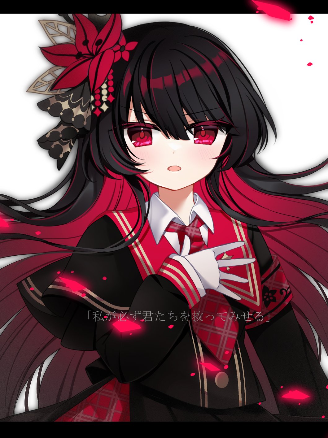 shikito (yawa0w0), nikaido hiro, mahou shoujo no majo saiban, commentary request, highres, translation request, 1girl, armband, black hair, black shirt, black skirt, collared shirt, flower, gloves, hair flower, hair ornament, hand on own chest, letterboxed, long hair, long sleeves, looking at viewer, necktie, open mouth, petals, plaid clothes, plaid necktie, red armband, red eyes, red flower, red necktie, shirt, simple background, skirt, solo, white background, white gloves, white shirt