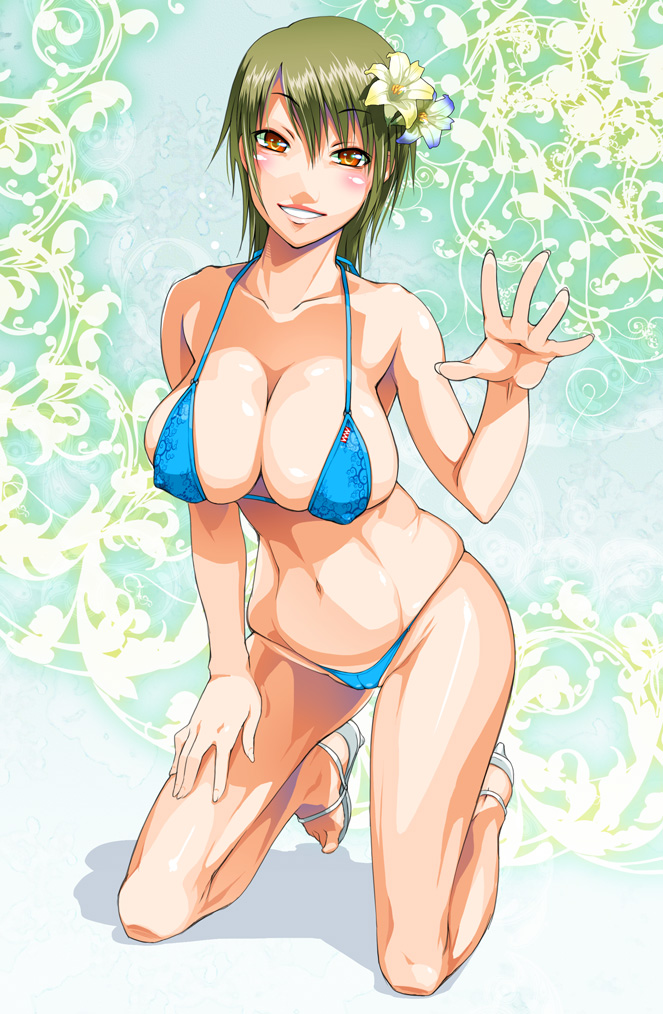 asaki takayuki, bad id, bad pixiv id, 1girl, bikini, breasts, covered erect nipples, female focus, flower, green hair, hair flower, hair ornament, kneeling, large breasts, micro bikini, orange eyes, short hair, solo, swimsuit