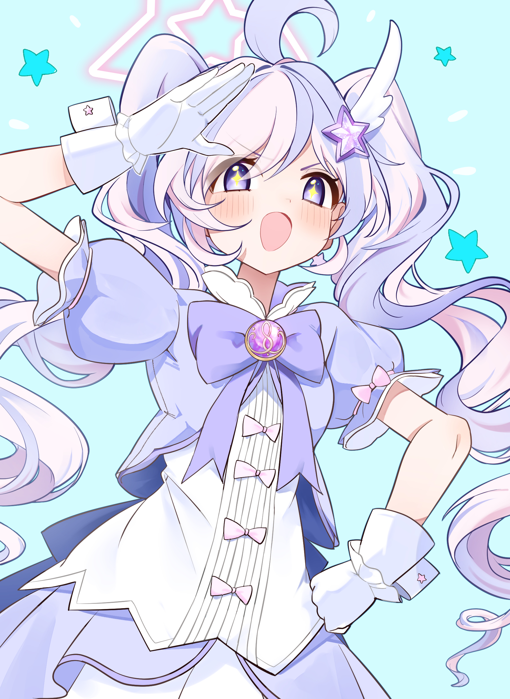 amaton707, reisa (blue archive), blue archive, absurdres, highres, + +, 1girl, ahoge, aqua background, bow, cowboy, dress, gloves, hair ornament, juliet sleeves, long hair, long sleeves, looking at viewer, multicolored hair, official alternate costume, open mouth, puffy sleeves, purple bow, reisa (magical) (blue archive), solo, star (symbol), star hair ornament, twintails, two-tone hair, western, wing hair ornament