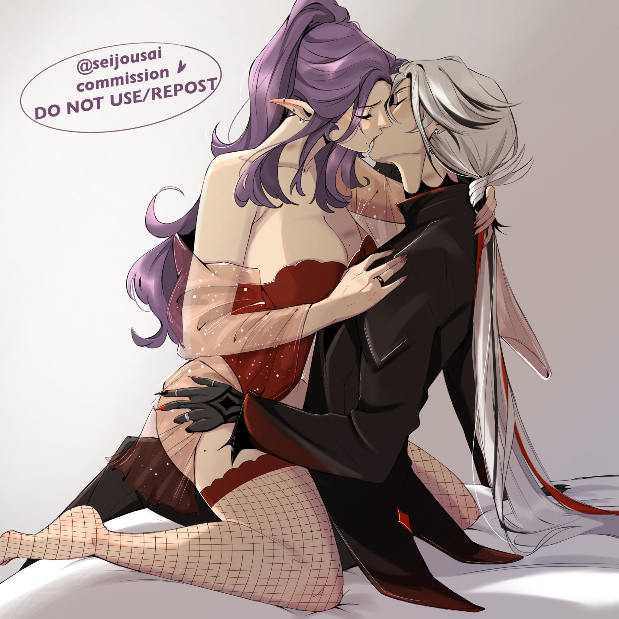 seijousai, arlecchino (genshin impact), genshin impact, original, commentary, commission, english commentary, highres, second-party source, 2girls, black coat, black hands, black streaks, breasts, cleavage, closed eyes, coat, colored extremities, dress, ear piercing, fishnet thighhighs, fishnets, hand on another's waist, jewelry, kiss, large breasts, long hair, multiple girls, oc x canon, piercing, pointy ears, purple hair, red dress, red thighhighs, ring, sitting, sitting on lap, sitting on person, thighhighs, white hair, yuri
