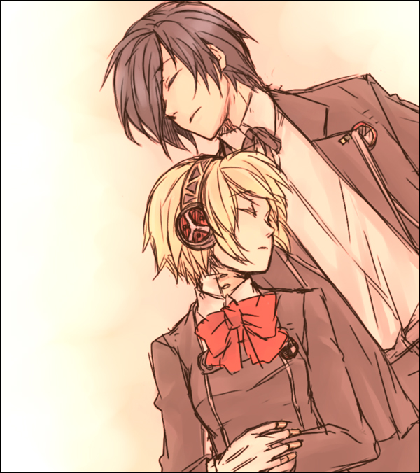 saeuchobab, tonkotsu ramen, aigis (persona), yuuki makoto (persona 3), atlus, persona, persona 3, bad id, bad pixiv id, 1boy, 1girl, android, blonde hair, blue hair, hairband, ribbon, school uniform, short hair, sleeping