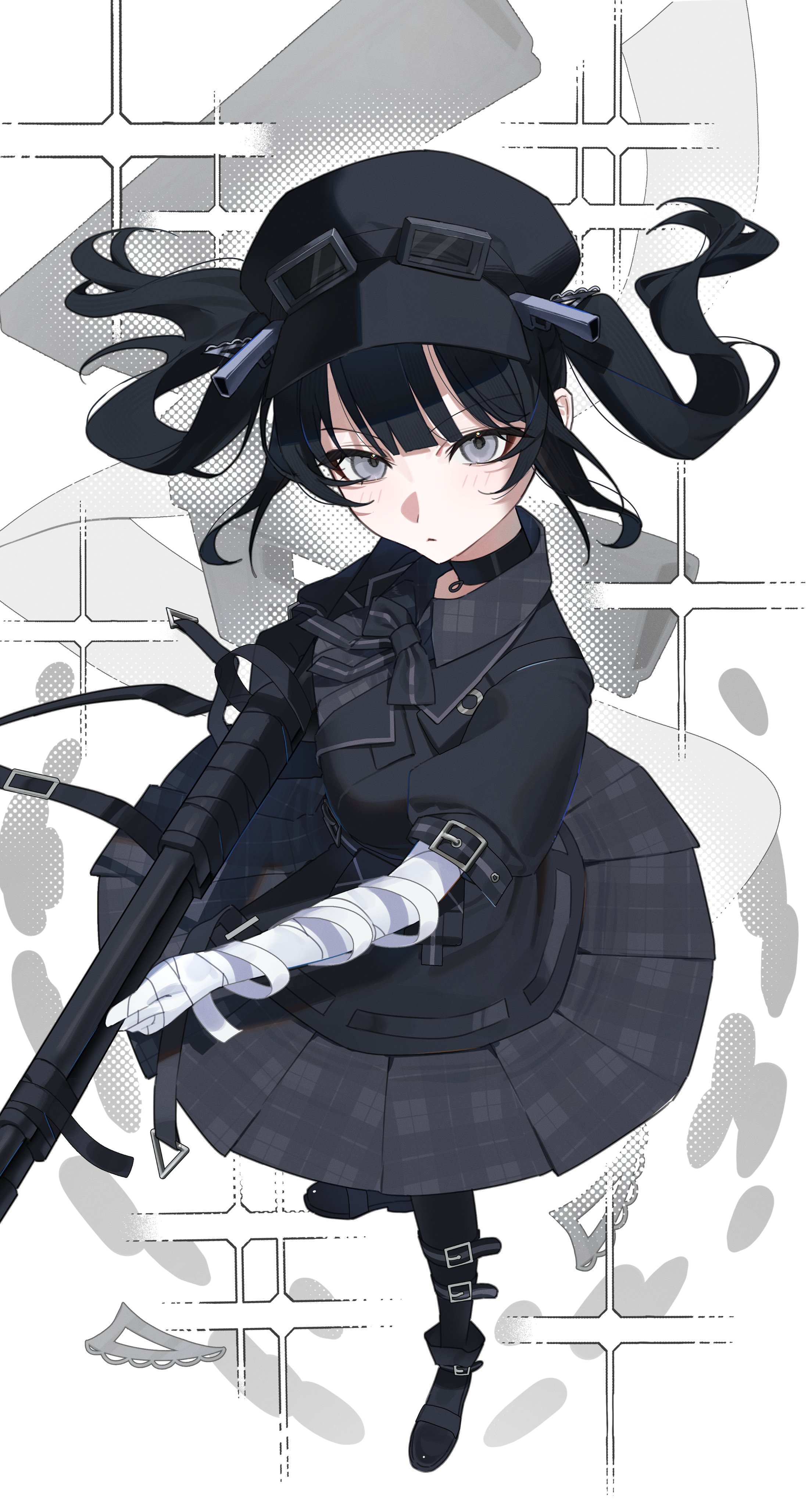 d4kou16, mahou shoujo no majo saiban, absurdres, highres, 1girl, bandaged arm, bandages, black choker, black hair, black hat, black jacket, black ribbon, black shoes, choker, closed mouth, dress, expressionless, floating clothes, floating hair, full body, glint, goggles, goggles on headwear, grey background, grey dress, grey eyes, gun, hat, holding, holding gun, holding weapon, jacket, kurobe nanoka, long hair, looking at viewer, neck ribbon, pleated dress, ribbon, rifle, shoes, solo, standing, twintails, weapon