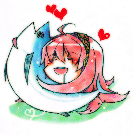 sakiika, megurine luka, takoluka, vocaloid, blush, fish, heart, pink hair, tuna