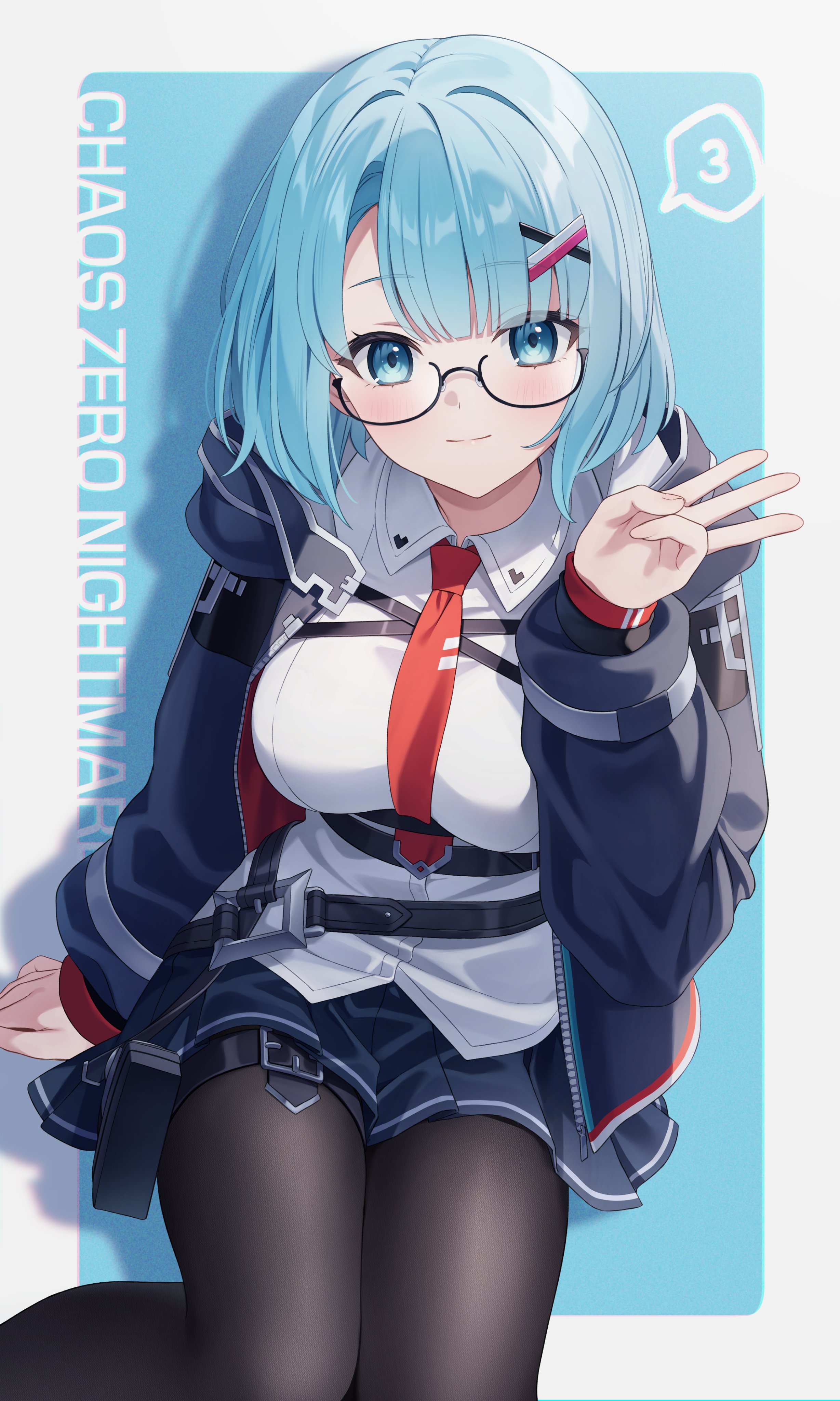 jimmy madomagi, chaos zero nightmare, absurdres, highres, 1girl, aqua eyes, aqua hair, black-framed eyewear, black pantyhose, blue jacket, blue skirt, breasts, chest harness, closed mouth, glasses, harness, jacket, large breasts, long sleeves, looking at viewer, looking over eyewear, medium hair, mika (chaos zero nightmare), miniskirt, necktie, off shoulder, open clothes, open jacket, pantyhose, pleated skirt, red necktie, semi-rimless eyewear, shirt, skirt, smile, solo, under-rim eyewear, white shirt