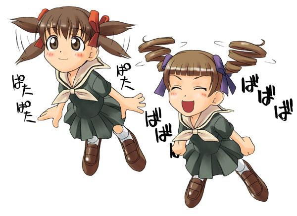 tanaka shoutarou, fukuzawa yumi, matsudaira touko, azumanga daiou, maria-sama ga miteru, jpeg artifacts, non-web source, 2girls, blush, brown eyes, brown hair, chibi, closed eyes, drill hair, flying, happy, long hair, multiple girls, open mouth, parody, school uniform, serafuku, simple background, smile, white background