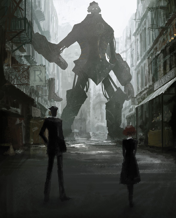 digital404, big o (mecha), r dorothy wayneright, roger smith, the big o, bob cut, city, dress, florist, formal clothes, mecha, red hair, road, short hair, street, suit, super robot