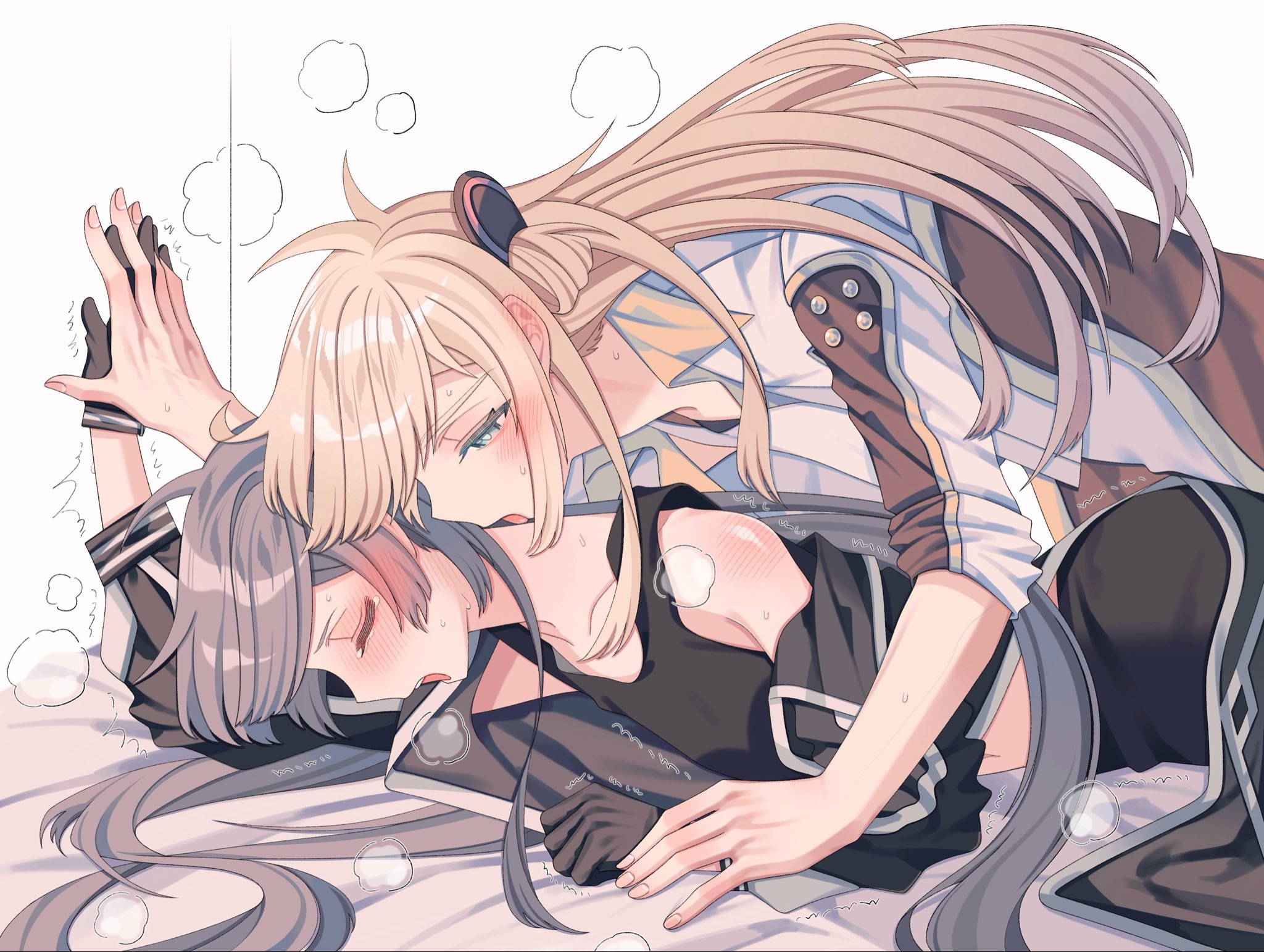 emptyayya, sky striker ace – raye, sky striker ace – roze, yu-gi-oh!, highres, 2girls, black gloves, black jacket, black pants, black tank top, blonde hair, blush, closed eyes, ear blush, gloves, grey hair, interlocked fingers, jacket, licking, licking another's neck, long hair, multiple girls, open mouth, pants, shirt, simple background, sweat, tank top, white background, white shirt, yuri