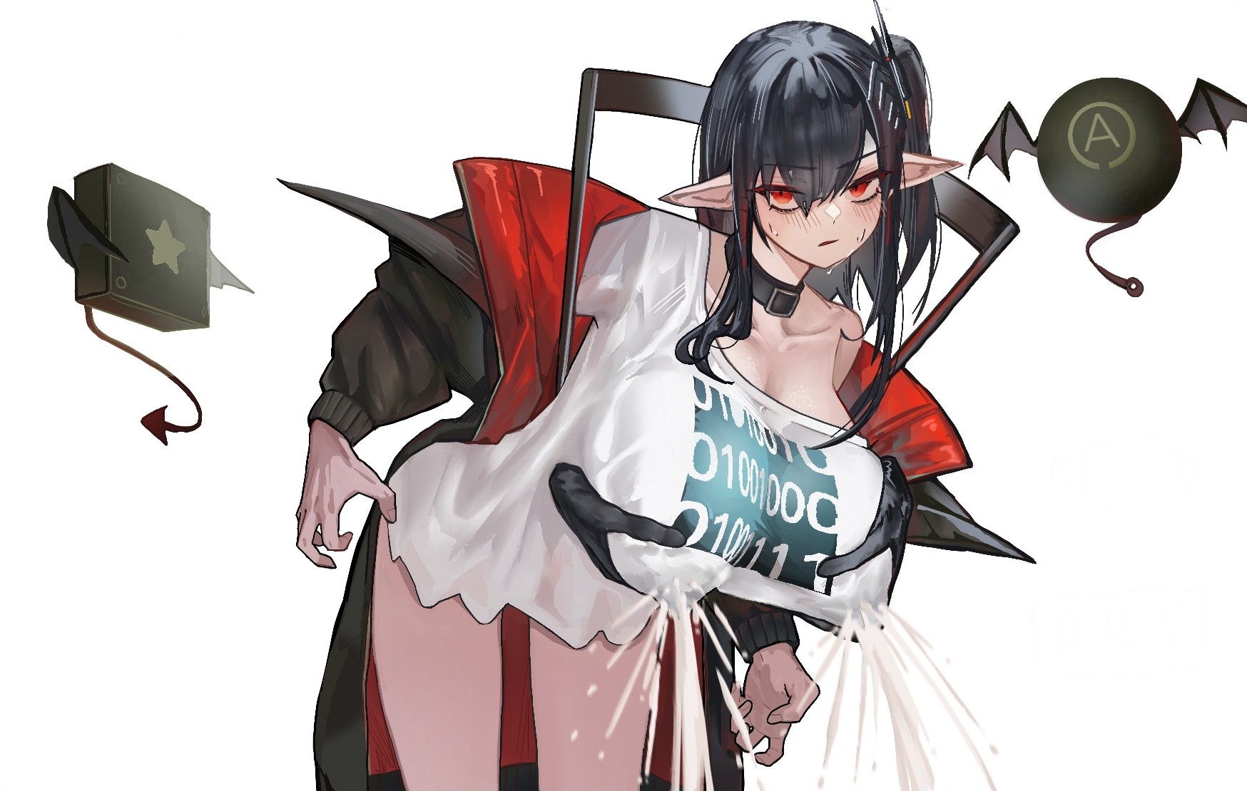 fkskii65, closure (arknights), arknights, highres, 1girl, black coat, black hair, breasts, coat, grabbing another's breast, groping, lactation, large breasts, long hair, off shoulder, open clothes, open coat, pointy ears, projectile lactation, red eyes, simple background, solo, sweat, white background