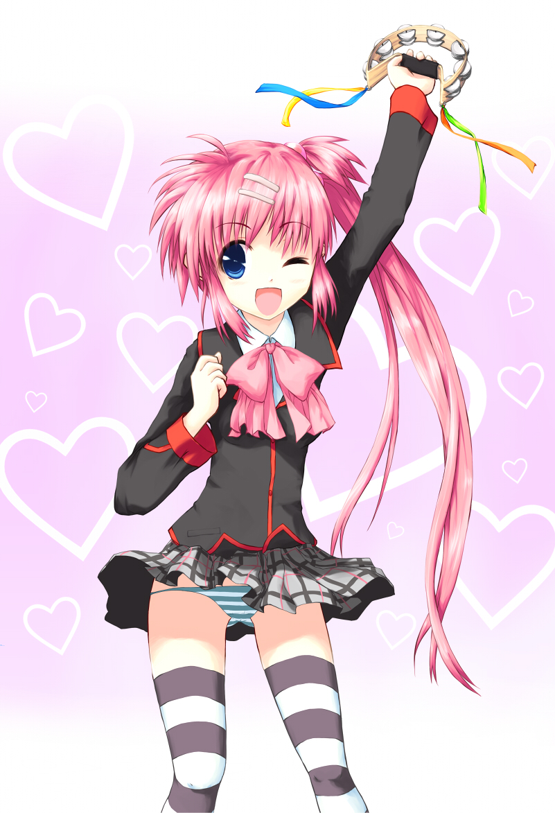 asterisk (asterism), saigusa haruka, little busters!, 1girl, blue eyes, bow, female focus, instrument, long hair, one eye closed, panties, pink bow, ponytail, purple hair, school uniform, side ponytail, solo, striped clothes, striped panties, striped thighhighs, tambourine, thighhighs, underwear, wink