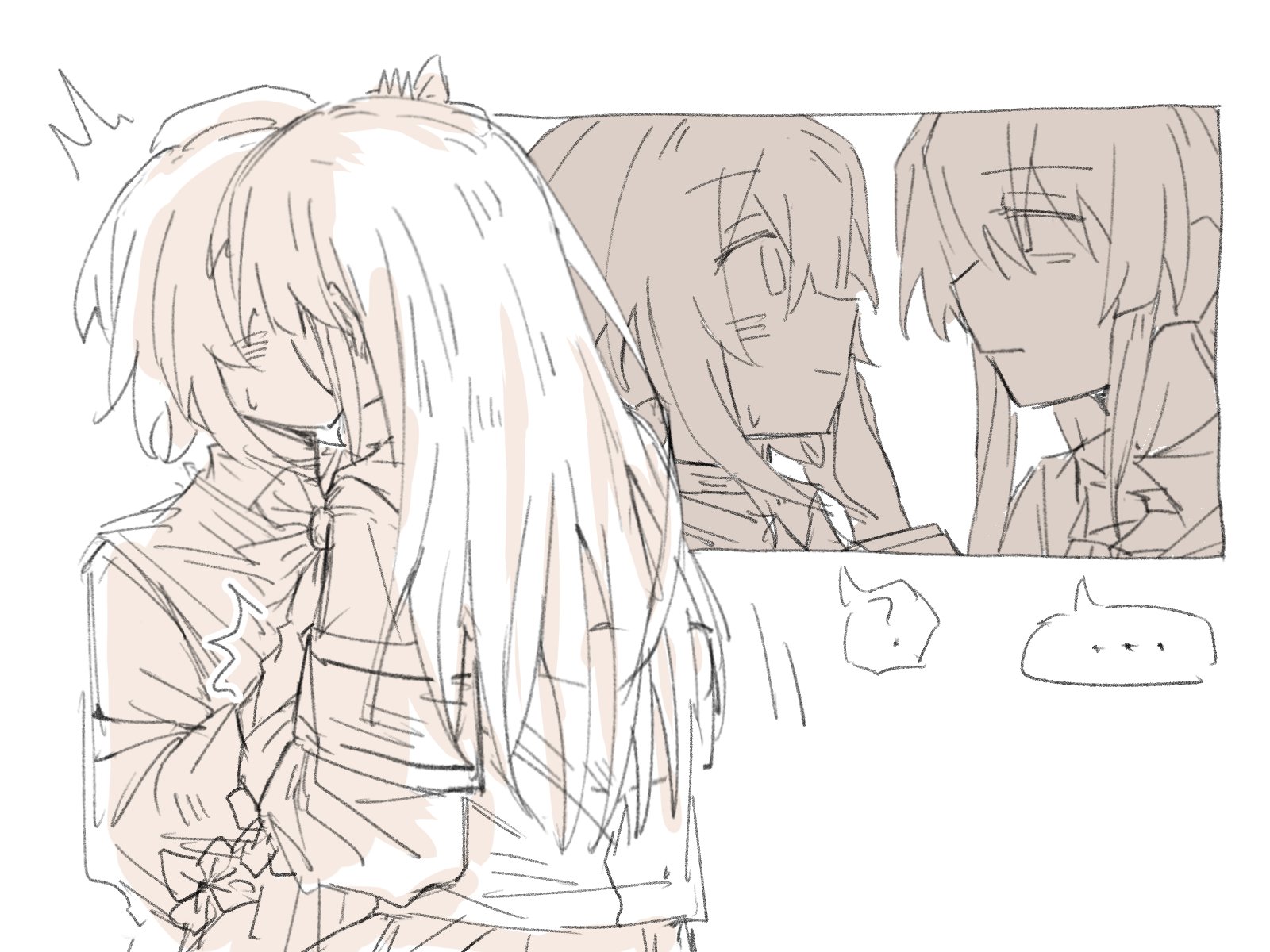 nikaido hiro, sakuraba ema, mahou shoujo no majo saiban, highres, …, 2girls, ?, blush, closed mouth, collared shirt, greyscale, hand on another's face, kiss, long hair, monochrome, multiple girls, sakaki (auras beichny), shirt, short hair, smile, spoken ellipsis, spoken question mark, sweat, yuri