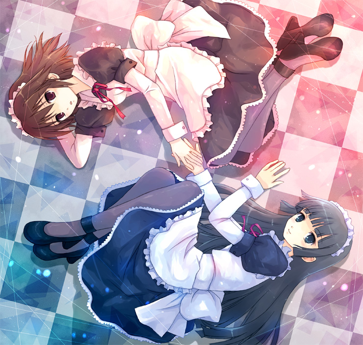 yakka, alice (ragnarok online), aliza, ragnarok online, 2girls, apron, black hair, blue eyes, brown eyes, brown hair, elizabeth (ro), hairband, headband, long hair, lying, maid, maid apron, maid headdress, multiple girls, pantyhose, short hair