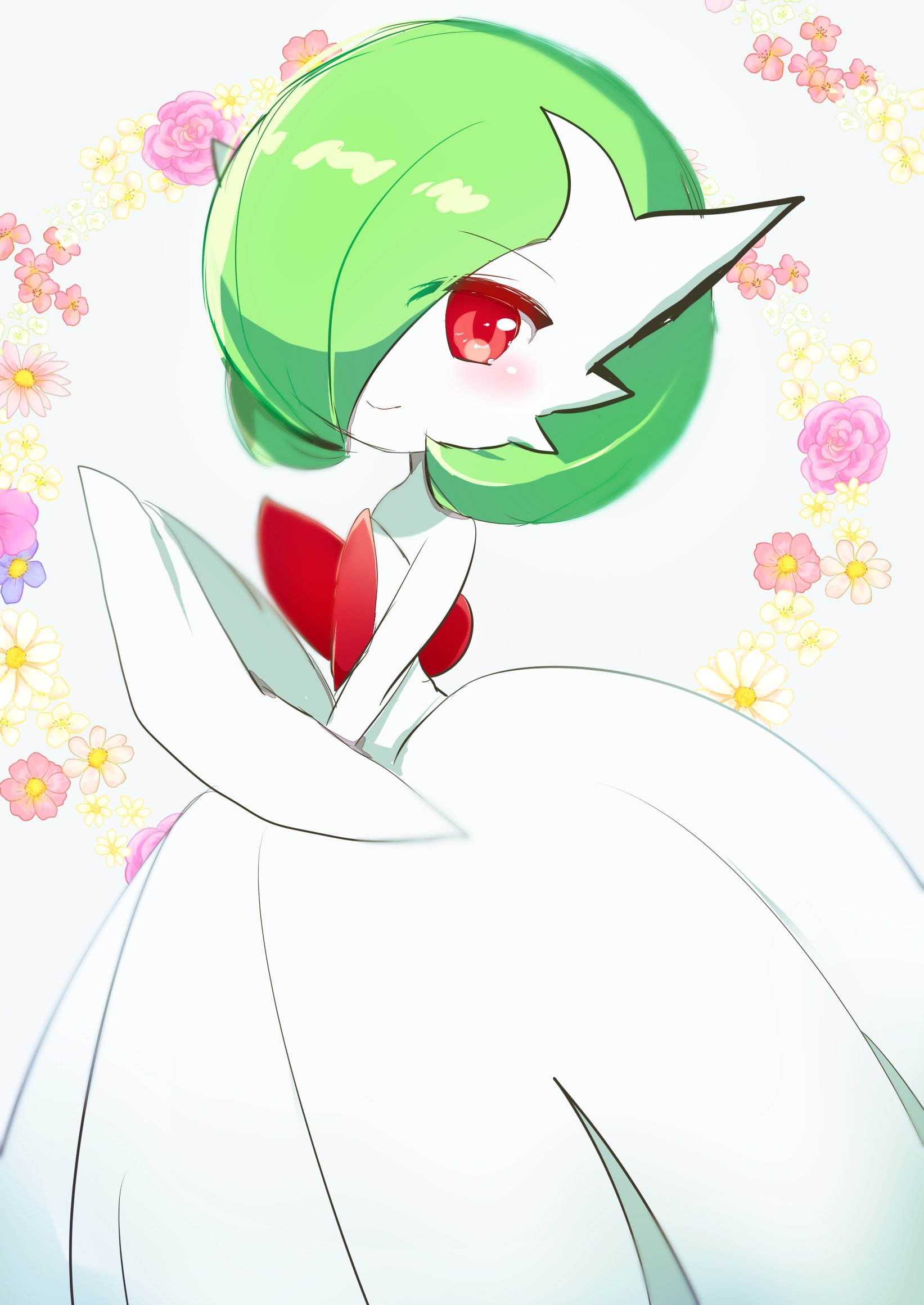 chisen maimai, spica 7, gardevoir, mega gardevoir, nintendo, pokemon, highres, bob cut, dress, elbow gloves, floral background, gen 3 pokemon, gloves, green hair, hair over one eye, mega pokemon, pokemon (creature), red eyes, simple background, smile, strapless, strapless dress, white dress, white gloves