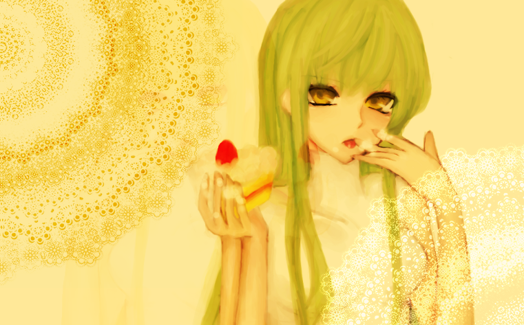 meroron, c.c., code geass, bad id, bad pixiv id, 00s, 1girl, cake, eating, female focus, food, fruit, green hair, long hair, nude, solo, strawberry, tongue, yellow eyes