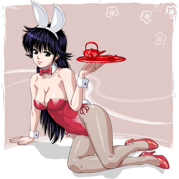 micchan (artist), micchan (punchdrunker), ayukawa madoka, kasuga akane, kimagure orange road, bad id, bad pixiv id, 1girl, animal ears, black eyes, black hair, bow, bowtie, breasts, cleavage, detached collar, fake animal ears, female focus, fishnet pantyhose, fishnets, long hair, pantyhose, playboy bunny, rabbit ears, red bow, red bowtie, solo, tea set