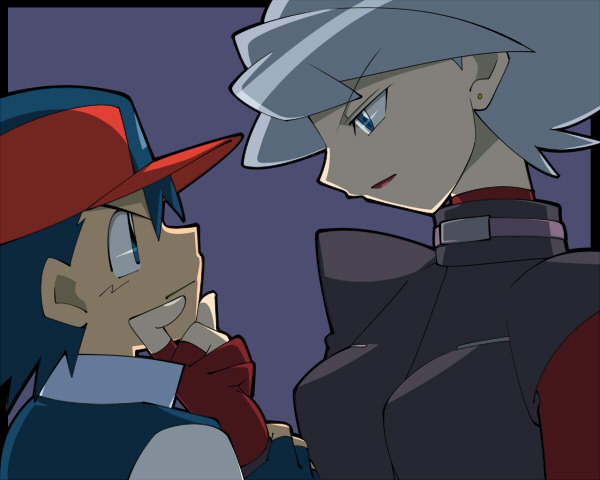 amada, ash ketchum, hunter j, j (pokemon), nintendo, pokemon, pokemon (anime), pokemon dppt (anime), arm grab, 1boy, 1girl, age difference, angry, baseball cap, blue eyes, blue hair, border, breasts, child, coat, couple, earrings, eye contact, fingerless gloves, gloves, grabbing another's chin, grey hair, hair between eyes, hand on another's chin, hat, jewelry, large breasts, lipstick, looking at another, looking down, makeup, mature female, naughty face, profile, red lips, short hair, simple background, smile, strap, trench coat, turtleneck, upper body, vest