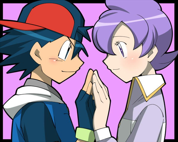 amada, anabel (pokemon), ash ketchum, nintendo, pokemon, pokemon (anime), pokemon rse, pokemon rse (anime), bad id, bad pixiv id, 00s, 1boy, 1girl, baseball cap, blue eyes, blue hair, blush, child, couple, fingerless gloves, frontier brain, gloves, hand to hand, hat, hetero, hood, hoodie, purple eyes, purple hair, short hair, simple background, symmetrical hand pose