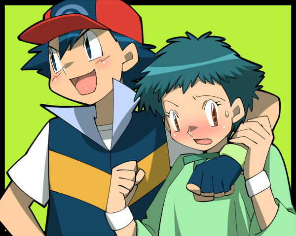 amada, angie (pokemon), ash ketchum, nintendo, pokemon, pokemon (anime), pokemon dppt (anime), 1boy, 1girl, androgynous, blush, child, couple, fingerless gloves, gloves, hat, hetero, reverse trap, short hair, wristband