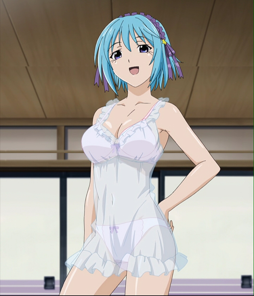 kurono kurumu, rosario+vampire, dvd, anime screenshot, stitched, third-party edit, 00s, 1girl, bare shoulders, blue hair, bra, breasts, chemise, demon girl, female focus, hand on own hip, hip focus, lingerie, looking at viewer, negligee, nightgown, purple eyes, see-through clothes, solo, underwear