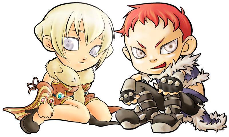 professor (ragnarok online), stalker (ragnarok online), ragnarok online, 1boy, 1girl, animal, animal around neck, armored boots, black gloves, black pants, black shoes, blonde hair, blue cape, blue jacket, boots, breasts, cape, closed mouth, detached sleeves, dress, expressionless, fingerless gloves, food, fox, fruit, full body, fur-trimmed cape, fur-trimmed jacket, fur trim, gloves, grey eyes, jacket, looking at viewer, medium breasts, open mouth, orange (fruit), orange dress, orange slice, pants, red hair, shoes, short bangs, short hair, simple background, sitting, sleeveless, sleeveless dress, smile, striped sleeves, tatsuaki fuji, transparent background, waist cape, wariza, yellow sleeves