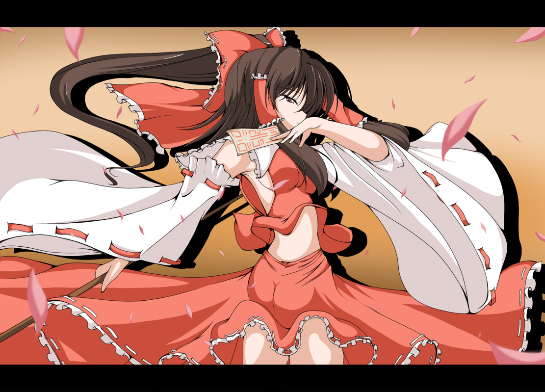 haku rin, shirosuzu, hakurei reimu, touhou, 1girl, black hair, breasts, brown hair, detached sleeves, female focus, gradient background, japanese clothes, letterboxed, long hair, miko, ribbon, skirt, solo