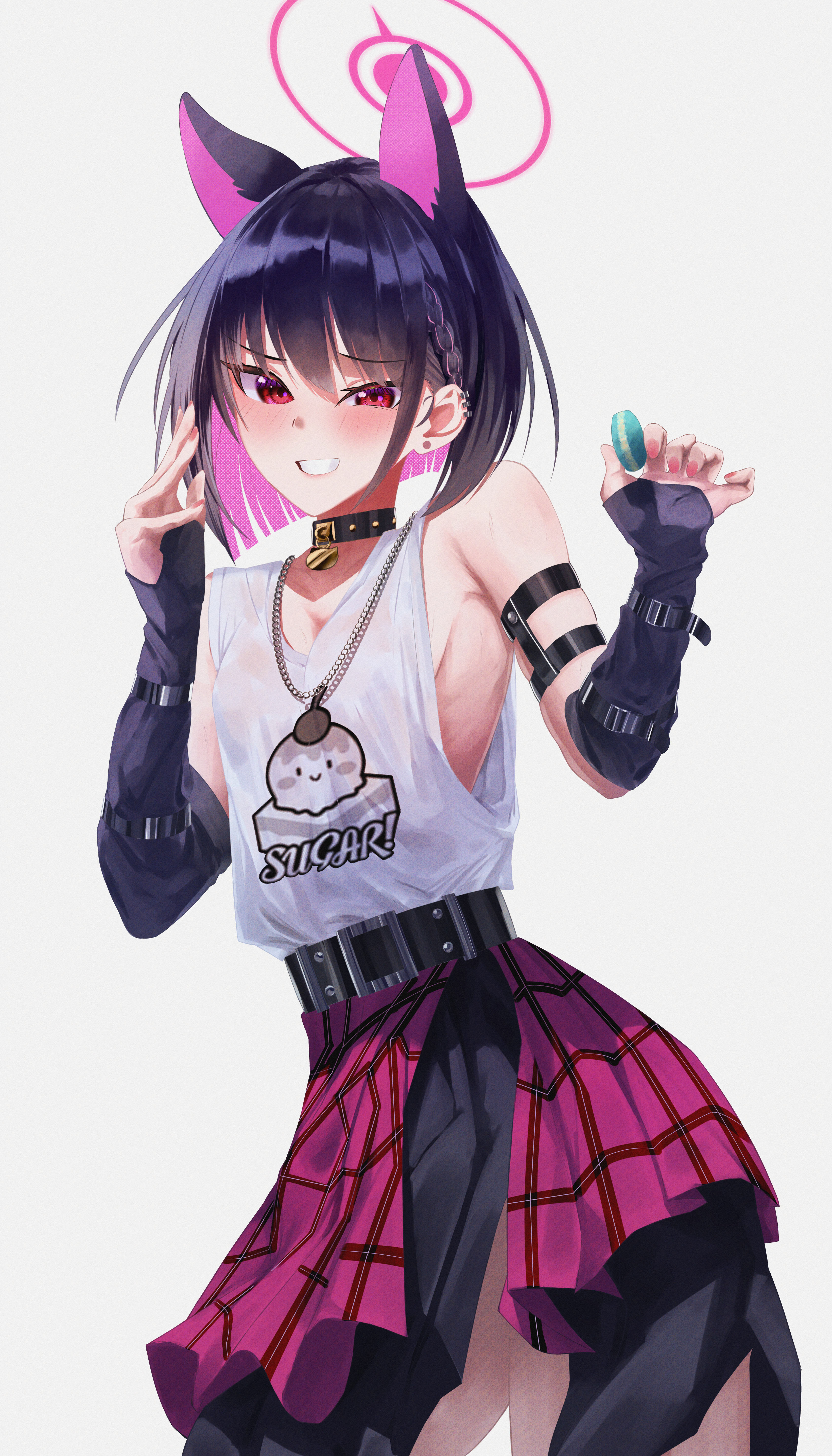 nyo2 ng, kazusa (blue archive), blue archive, absurdres, commentary, highres, 1girl, alternate costume, animal ears, arm strap, belt, black belt, black collar, black hair, blush, braid, breasts, cat pendant, chain, chain necklace, collar, colored inner hair, cowboy shot, earrings, elbow gloves, film grain, fingerless gloves, fingernails, gloves, grey gloves, grin, halo, hands up, jewelry, large breasts, layered skirt, looking at viewer, multicolored hair, necklace, no bra, pink halo, pink skirt, print tank top, red eyes, short hair, side braid, sideless outfit, simple background, skirt, smile, solo, standing, stud earrings, tank top, white background, white tank top