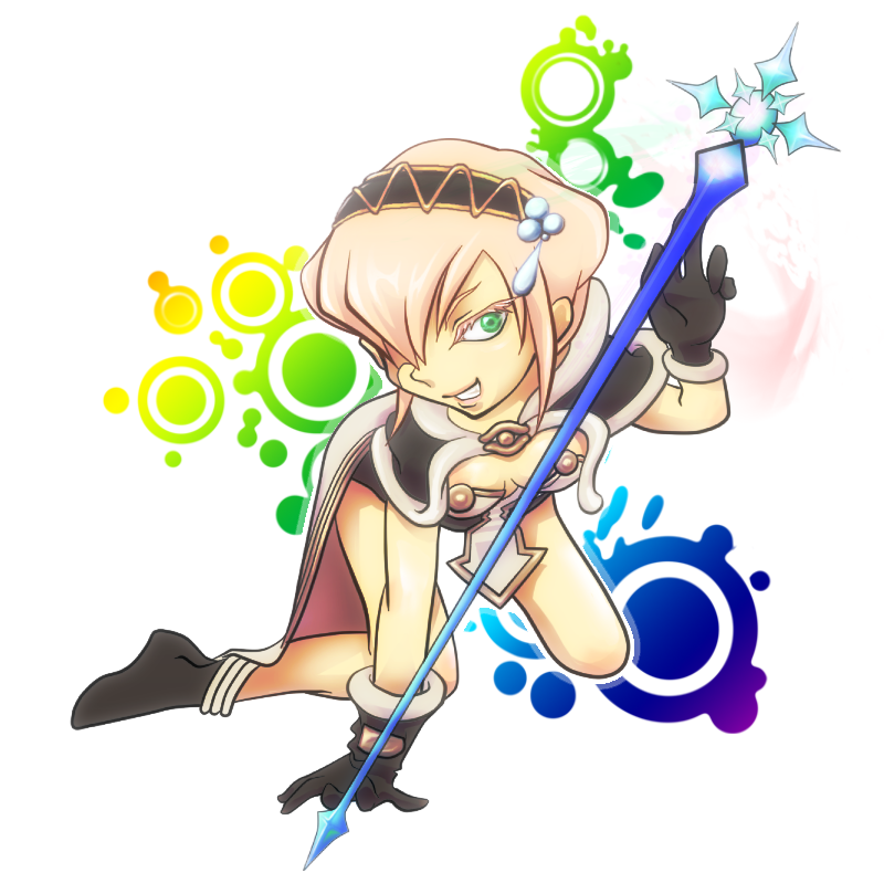 high wizard (ragnarok online), ragnarok online, commentary request, 1girl, all fours, black boots, black cape, black dress, black gloves, black hairband, blonde hair, boots, breasts, cape, dress, full body, fur-trimmed cape, fur trim, gloves, green eyes, grin, hair over one eye, hairband, holding, holding staff, looking at viewer, pearl hair ornament, short dress, short hair, simple background, small breasts, smile, solo, staff, tatsuaki fuji, white background