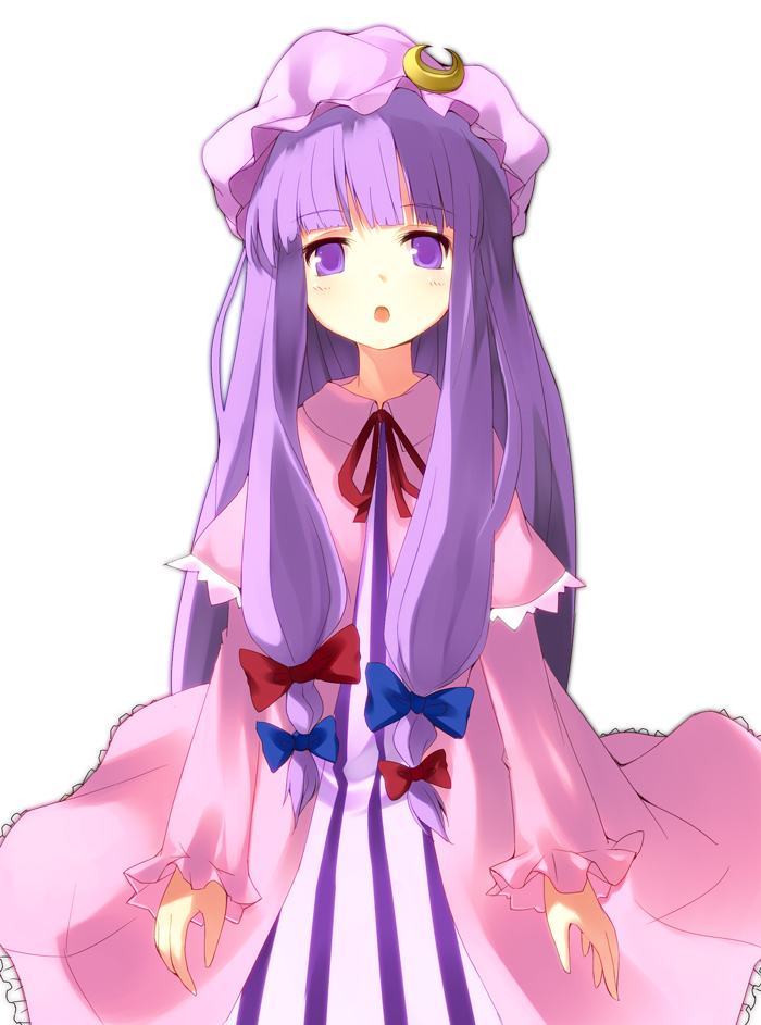amaa (chou dennou jidai), patchouli knowledge, touhou, 1girl, female focus, hat, open mouth, purple eyes, purple hair, simple background, solo