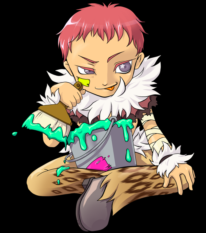 shadow chaser (ragnarok online), ragnarok online, commentary request, 1boy, :p, animal print, black background, brown pants, chibi, chibi only, closed mouth, full body, fur collar, grey shoes, holding, holding paintbrush, leopard print, looking at viewer, male focus, paint, paint can, paintbrush, pants, purple eyes, red hair, shoes, short bangs, short hair, simple background, sitting, smile, solo, star (symbol), star in eye, symbol in eye, tatsuaki fuji, tongue, tongue out