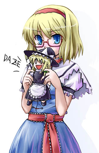 tsuyadashi shuuji, alice margatroid, kirisame marisa, touhou, lowres, 1girl, bespectacled, character doll, doll, dress, female focus, glasses, hat, solo, white background